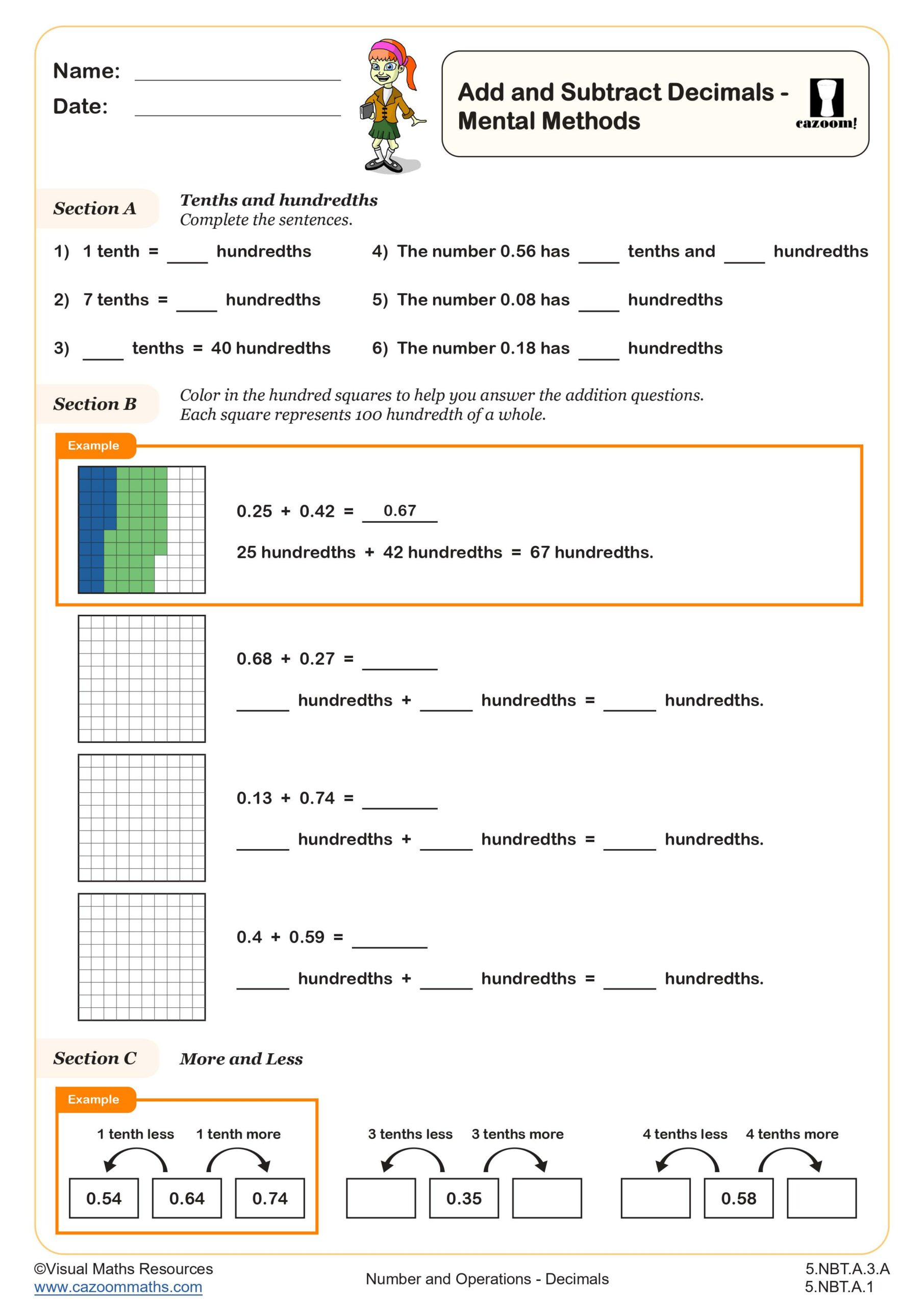 Preview of Add and Subtract Decimals - Mental Methods
