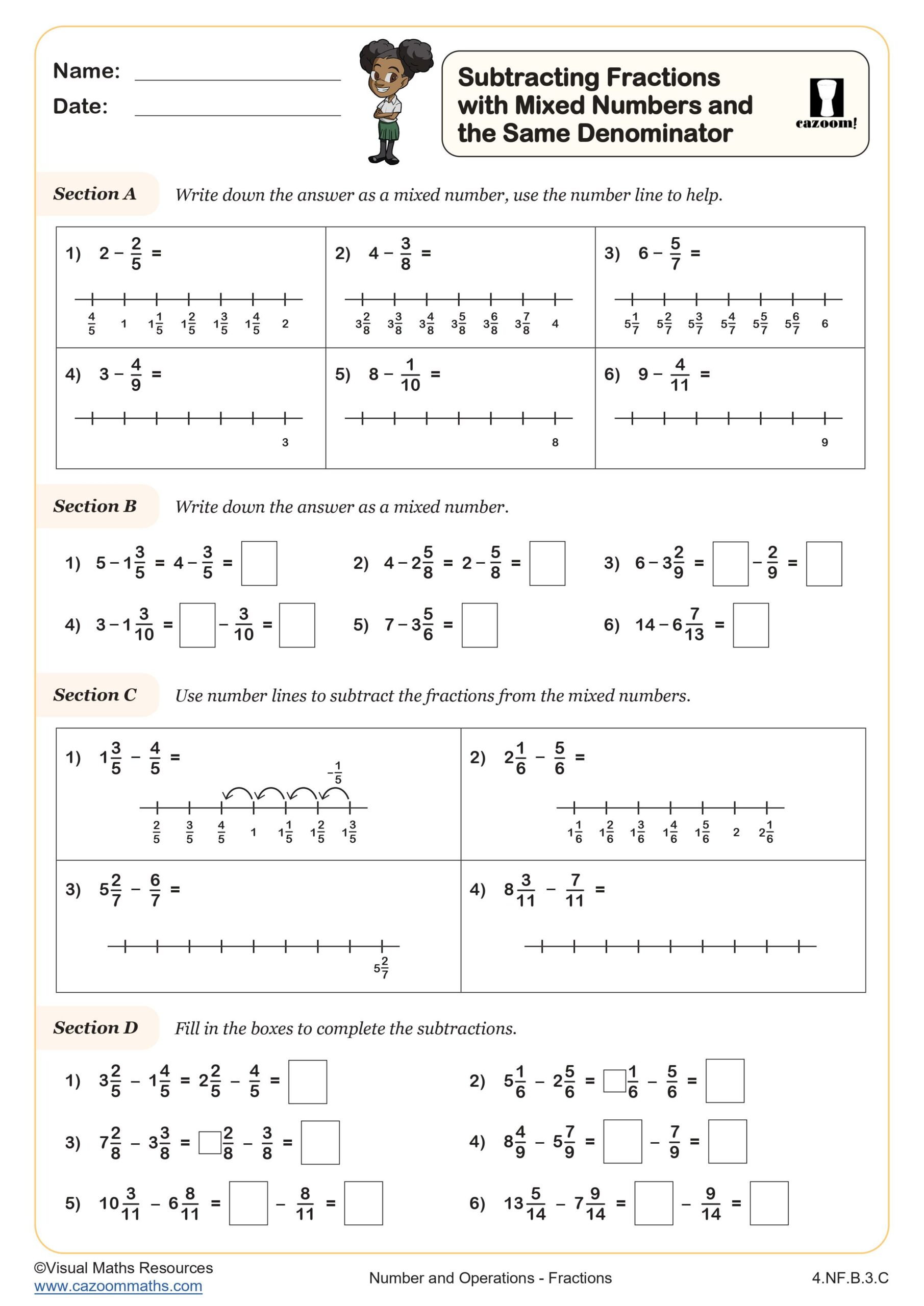 Preview of Subtracting Fractions with Mixed Numbers and the Same Denominator