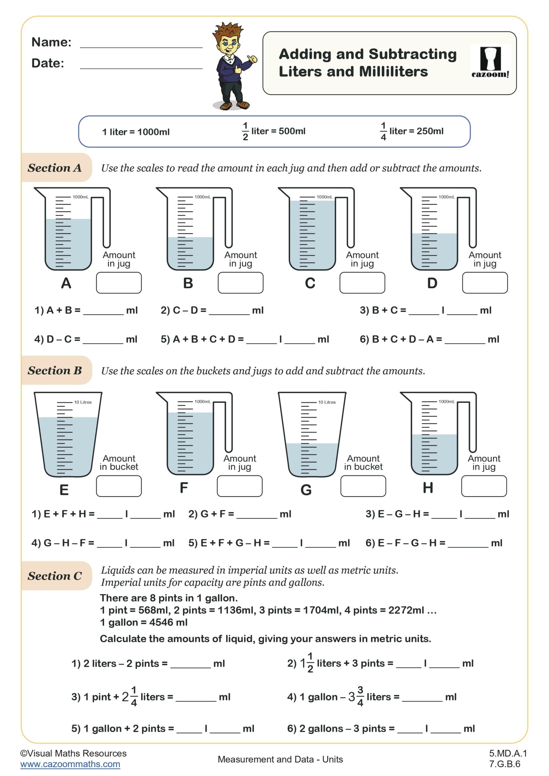 Cazoom Maths Metric Measures Adding And Subtracting Litres And Millilitres Scaled