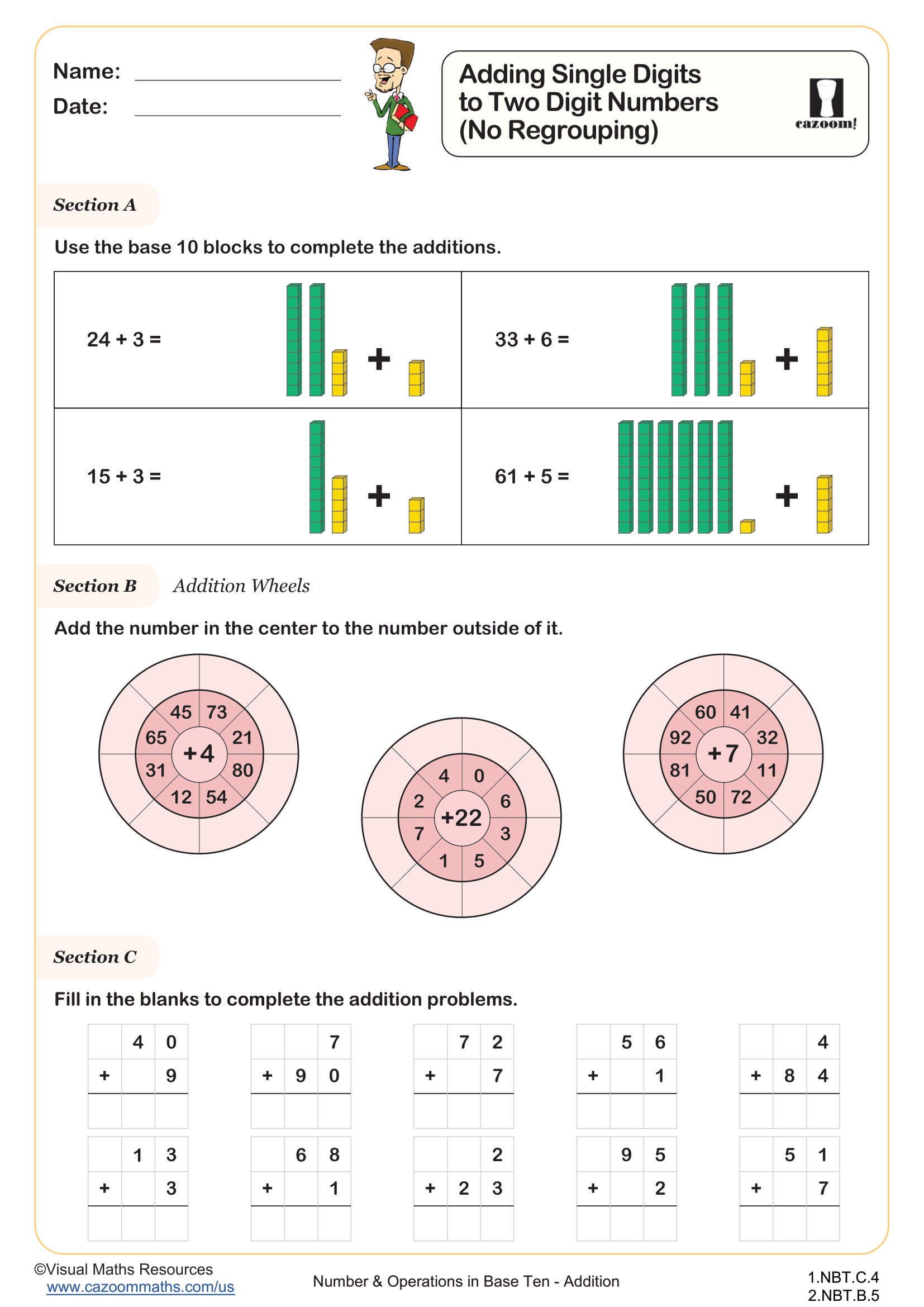 Preview of Adding Single Digits to Two Digit Numbers (No Regrouping)