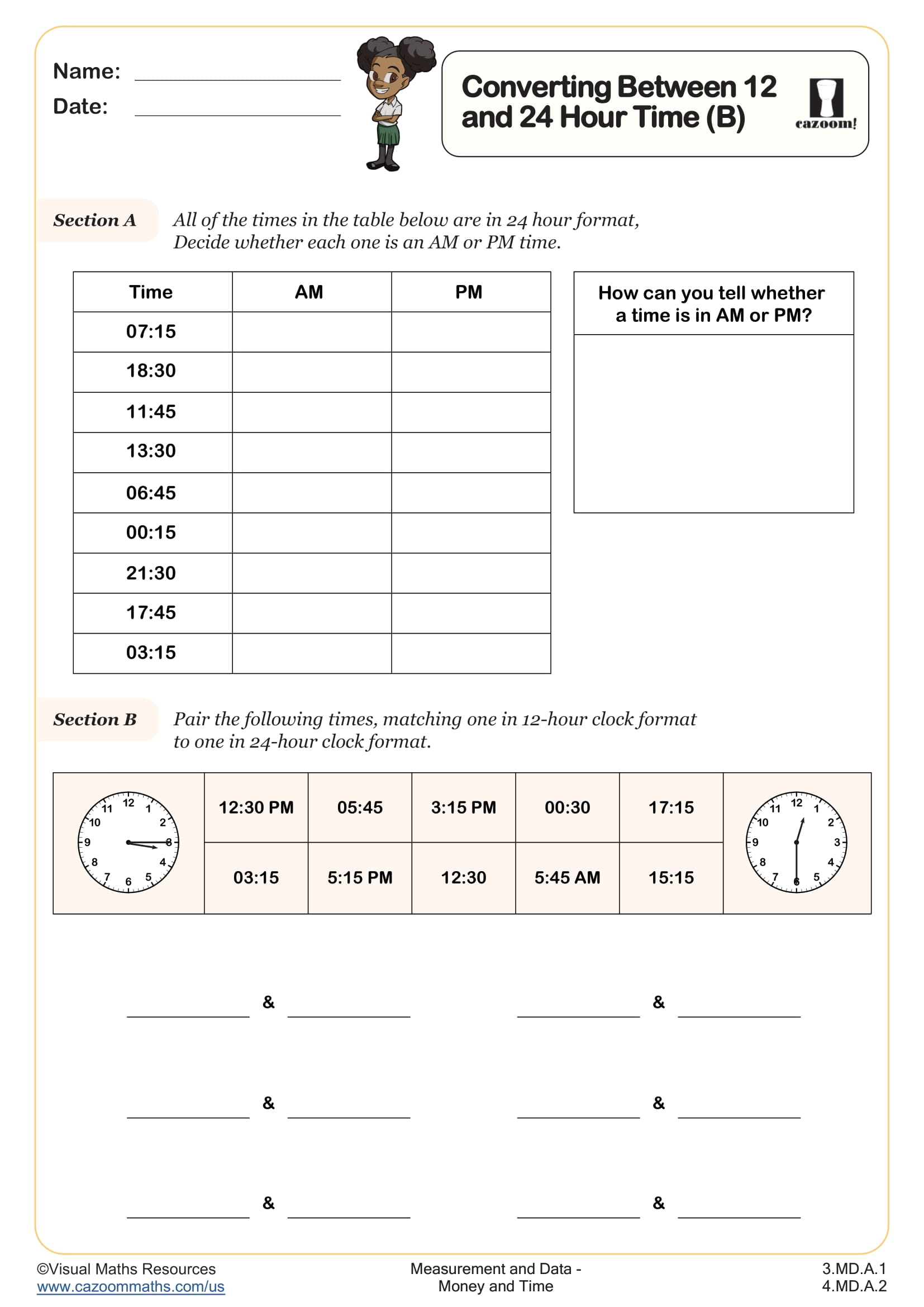 Preview of Converting Between 12 and 24 Hour Time (B)