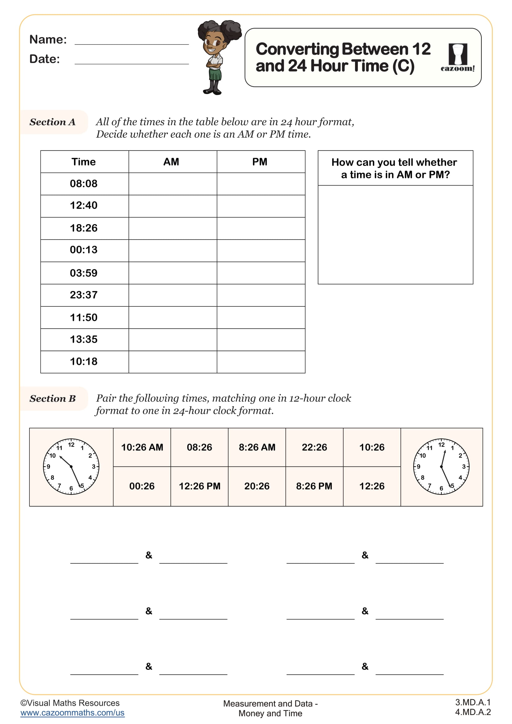 Preview of Converting Between 12 and 24 Hour Time (C)
