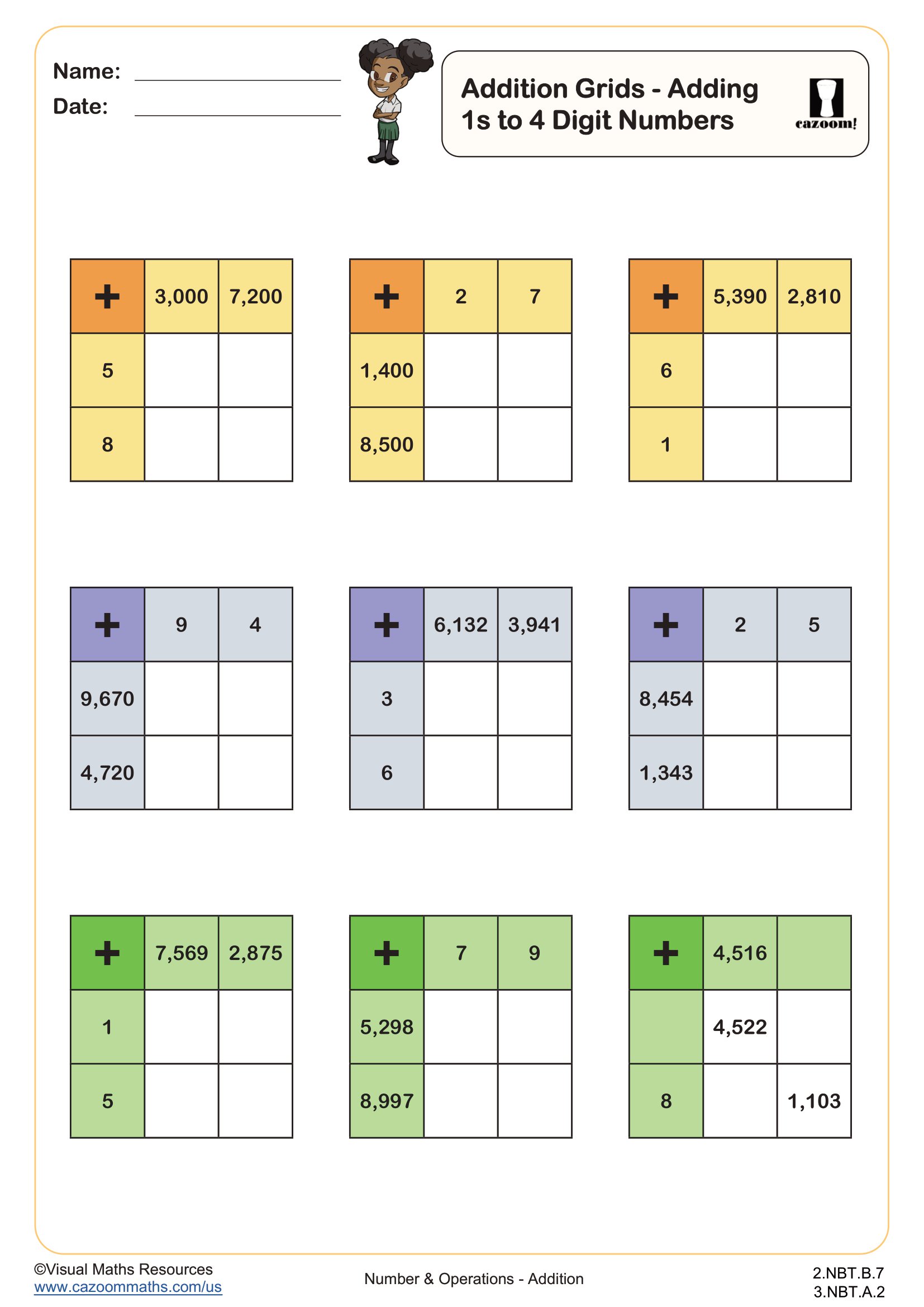Preview of Addition Grids Adding 1s to 4 Digit Numbers