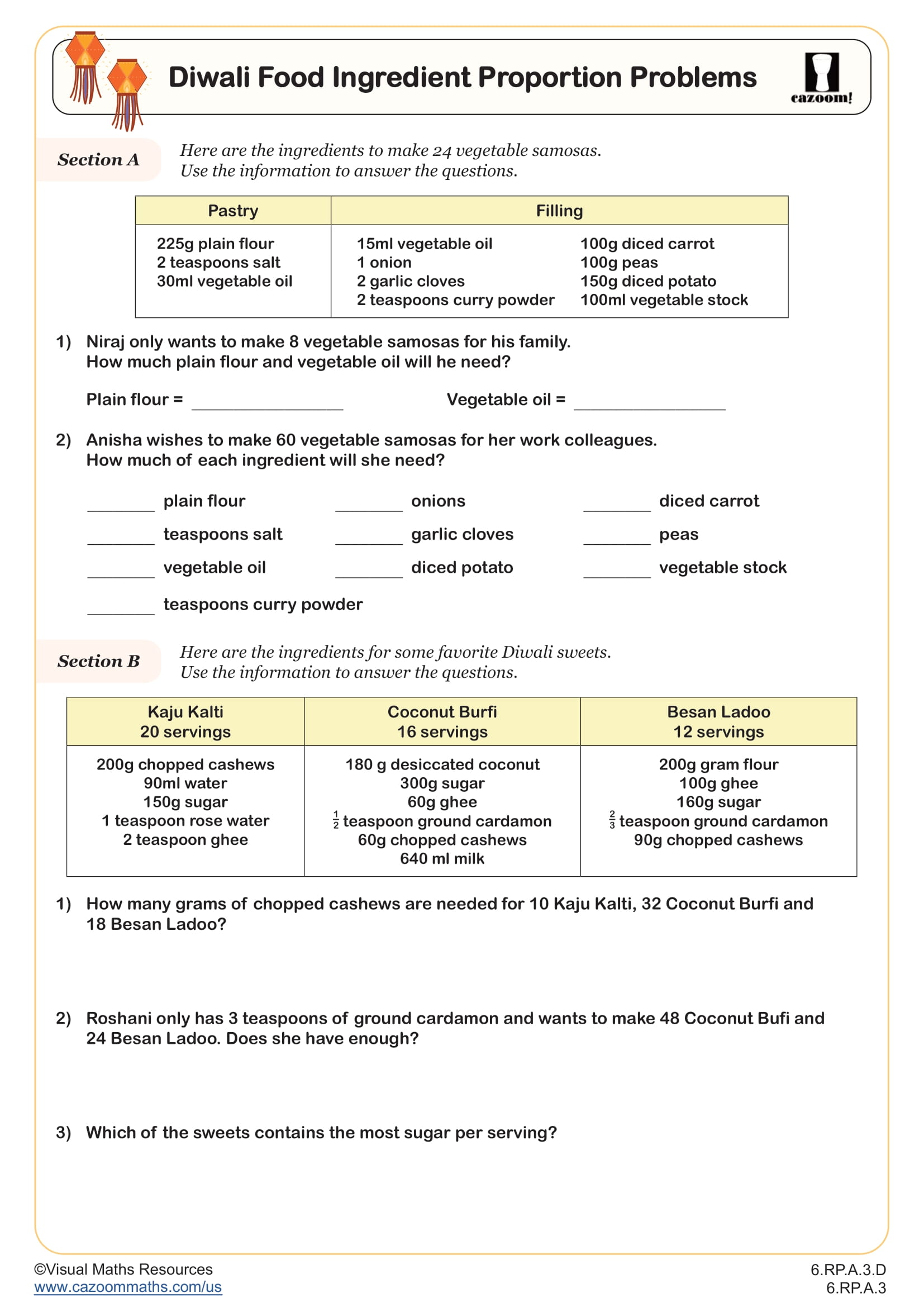 Preview of Diwali Food Ingredient Proportion Problems