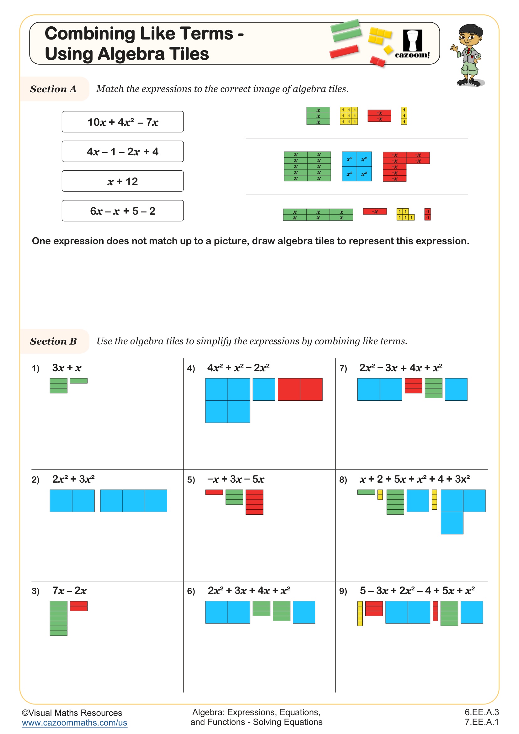 Preview of Combining Like Terms - Using Algebra Tiles