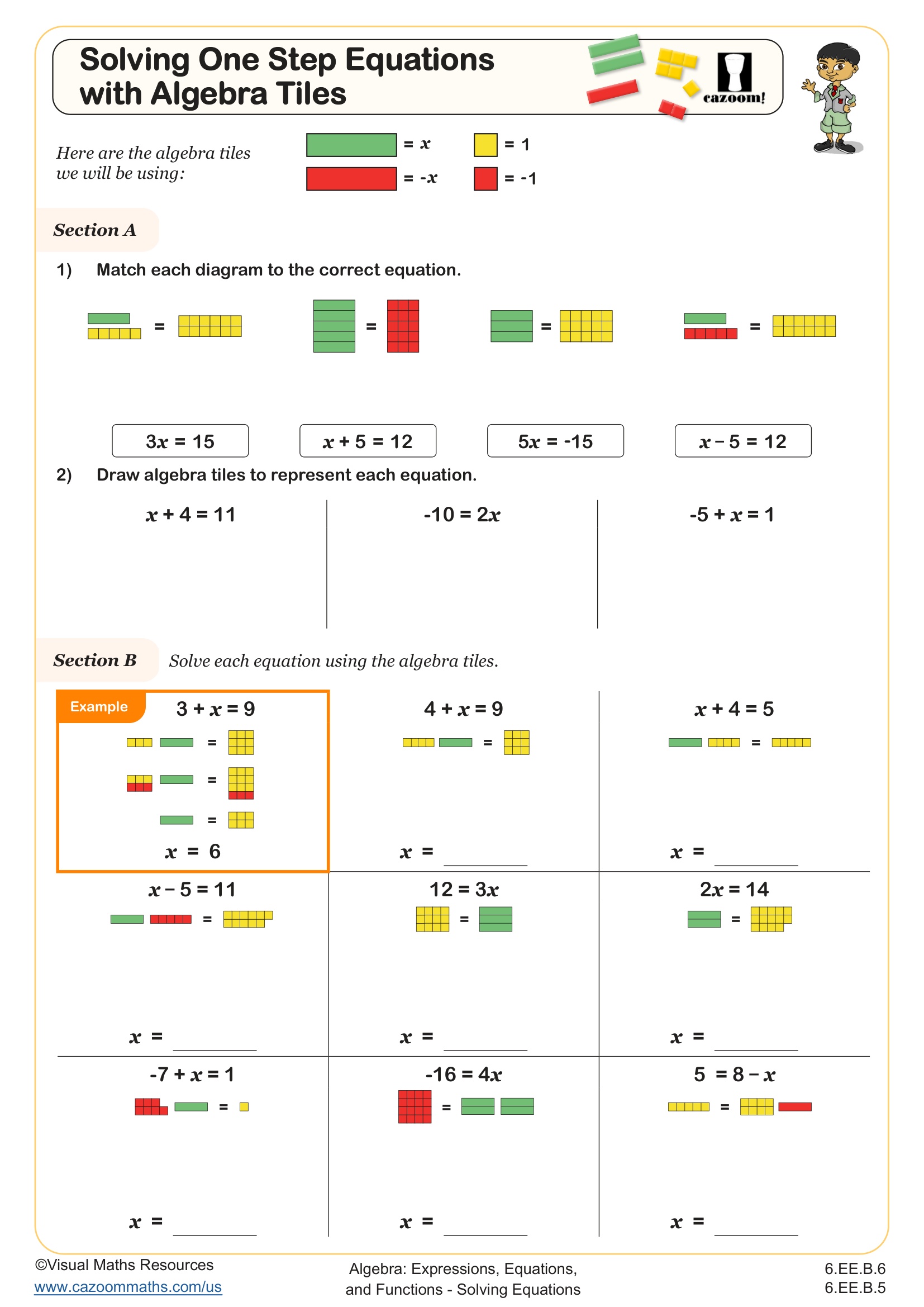Solving One Step Equations with Algebra Tiles Worksheet | Fun and ...