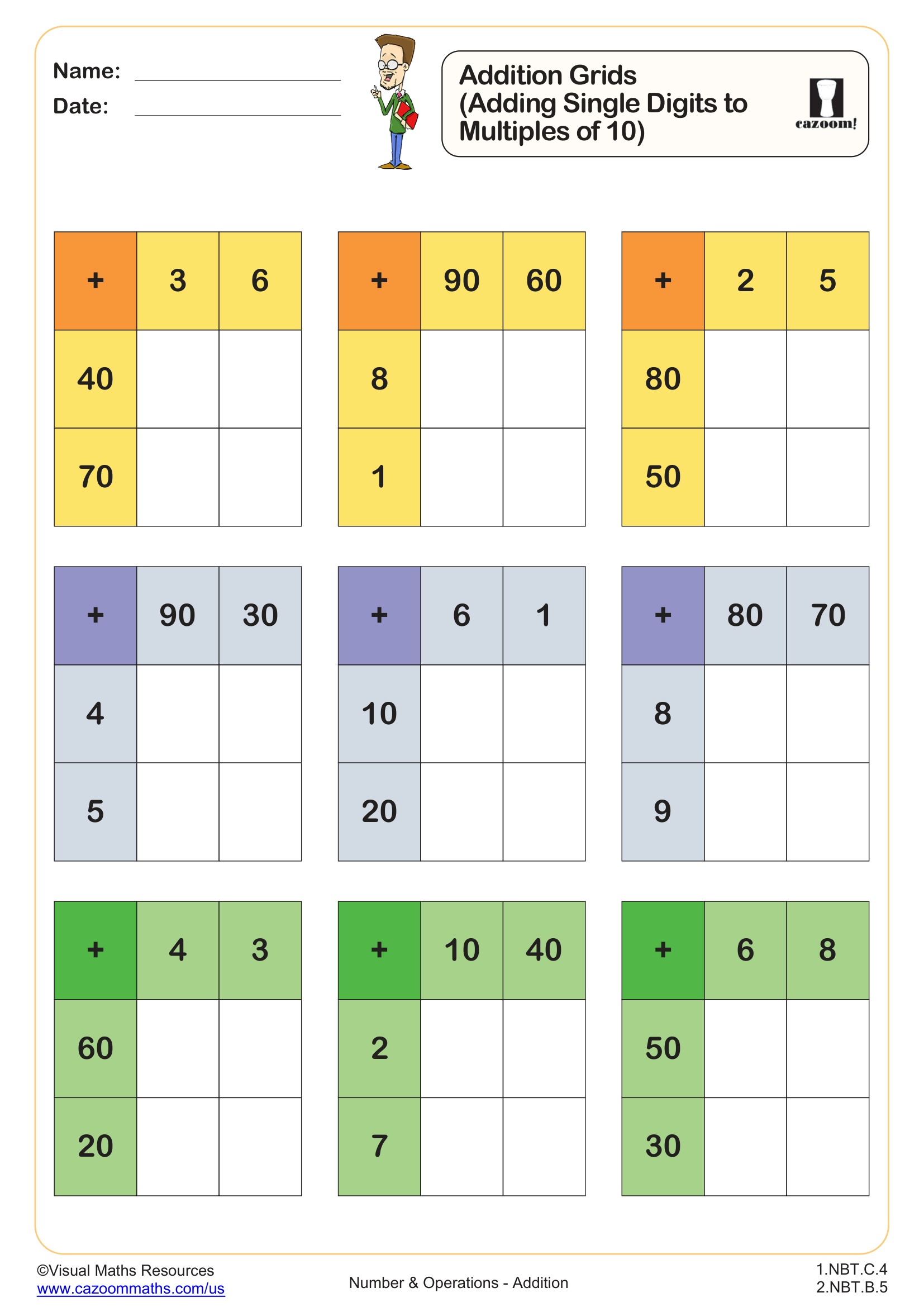 Preview of Addition Grids (Adding Single Digits to Multiples of 10)