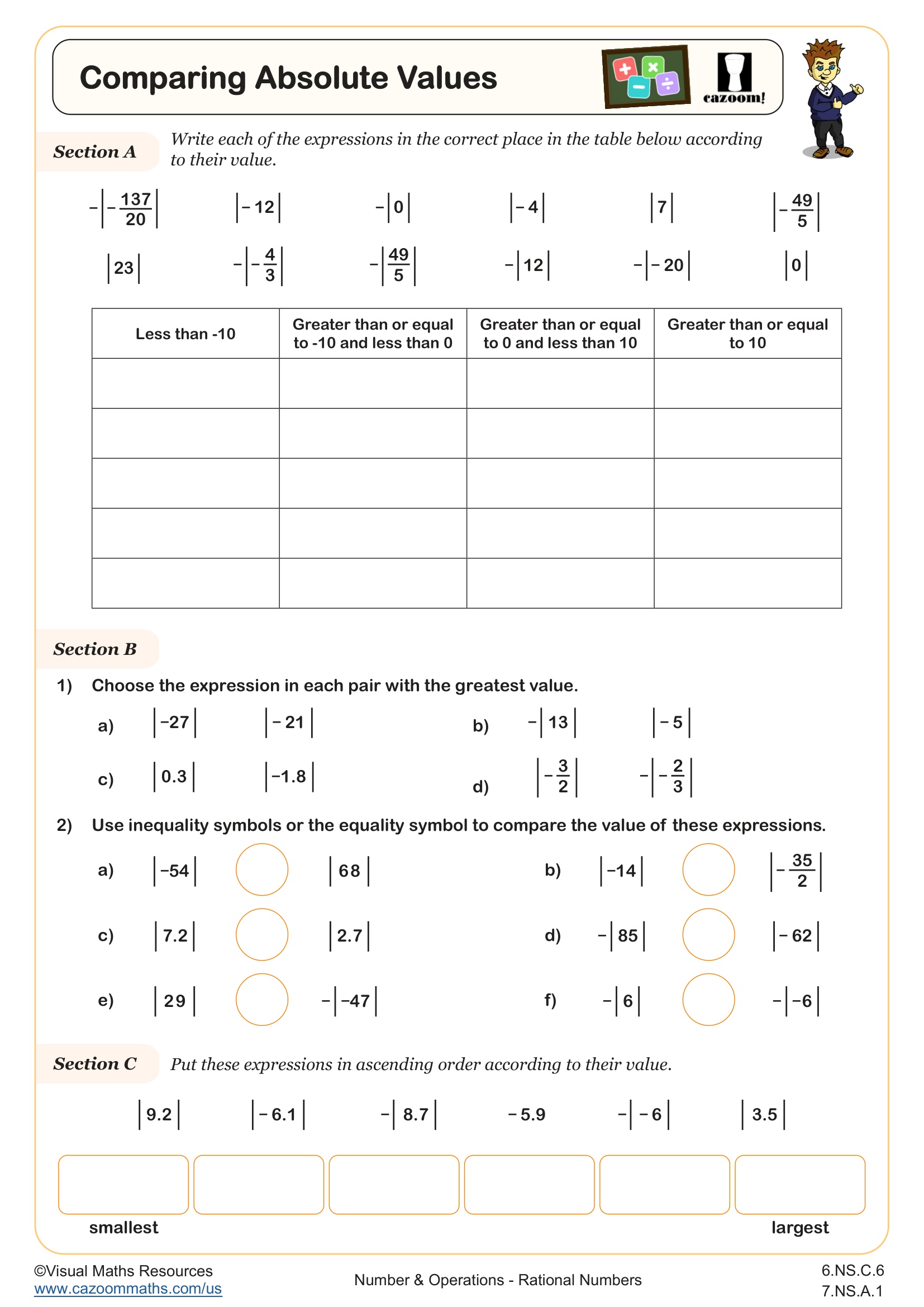 Compare Absolute Values Worksheet | Fun and Engaging 6th Grade and 7th ...