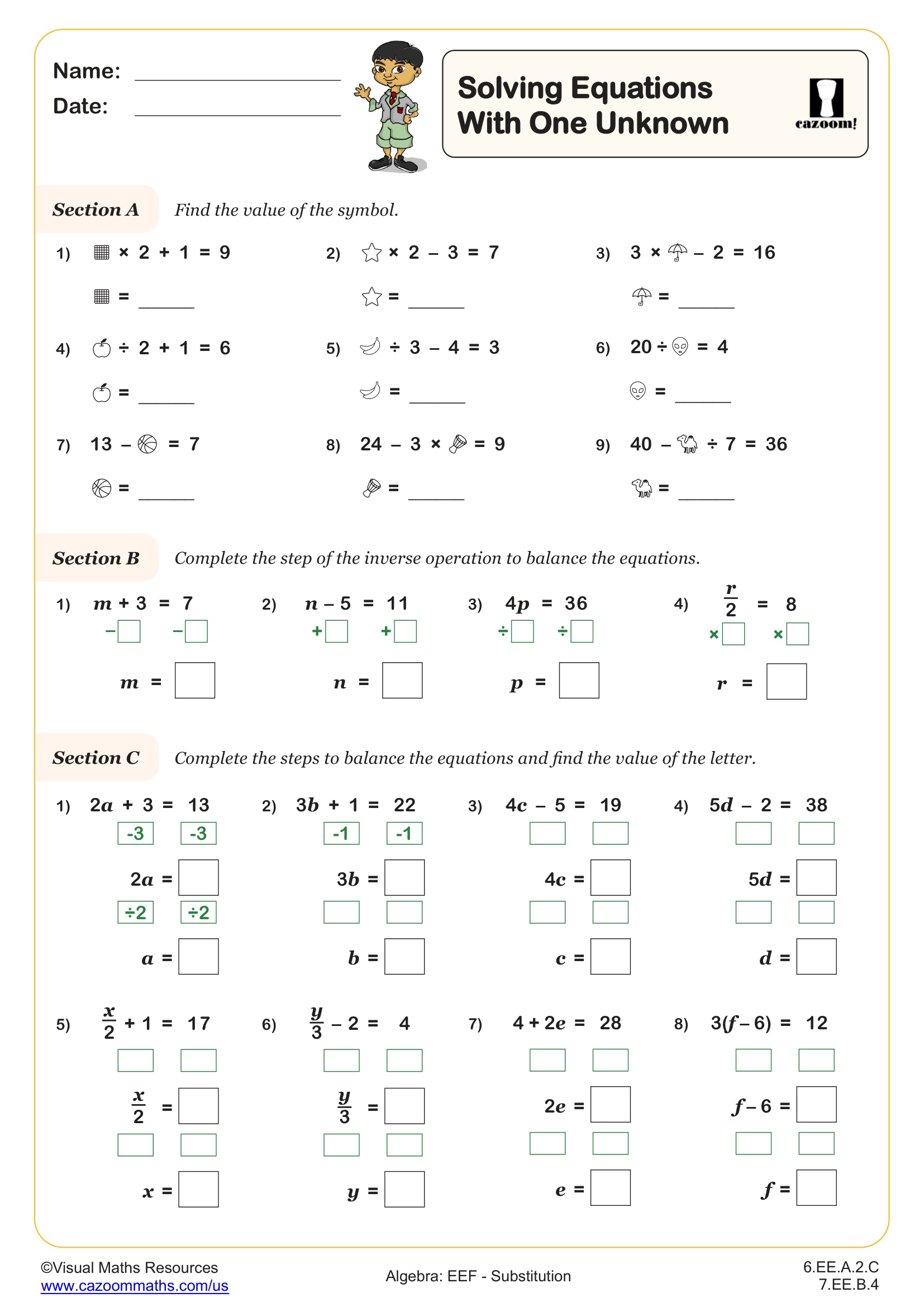 Solving Equations with One Unknown Worksheet | Fun and Engaging 6th ...