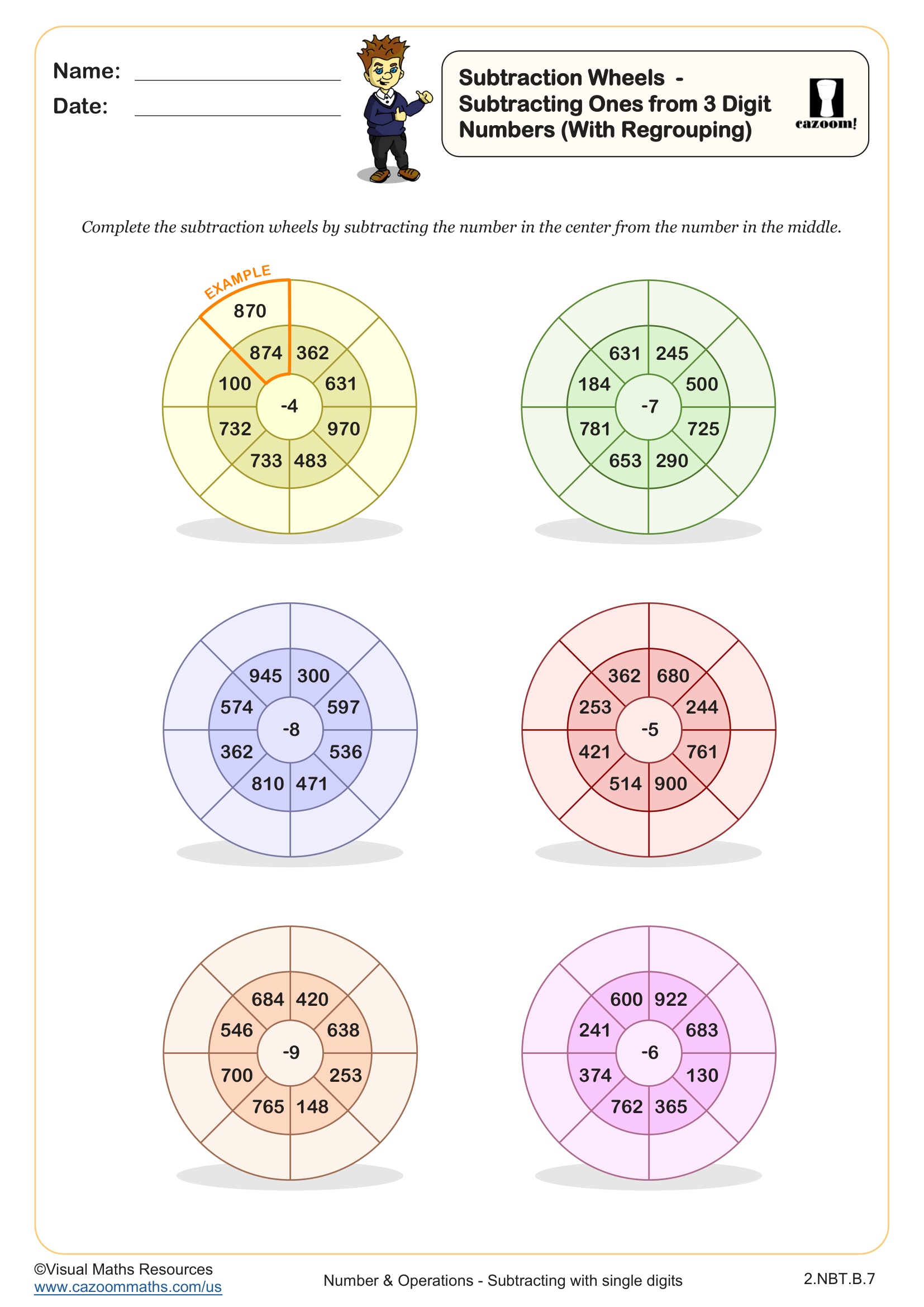 Preview of Subtraction Wheels - Subtracting Ones from 3 Digit Numbers (With Regrouping)