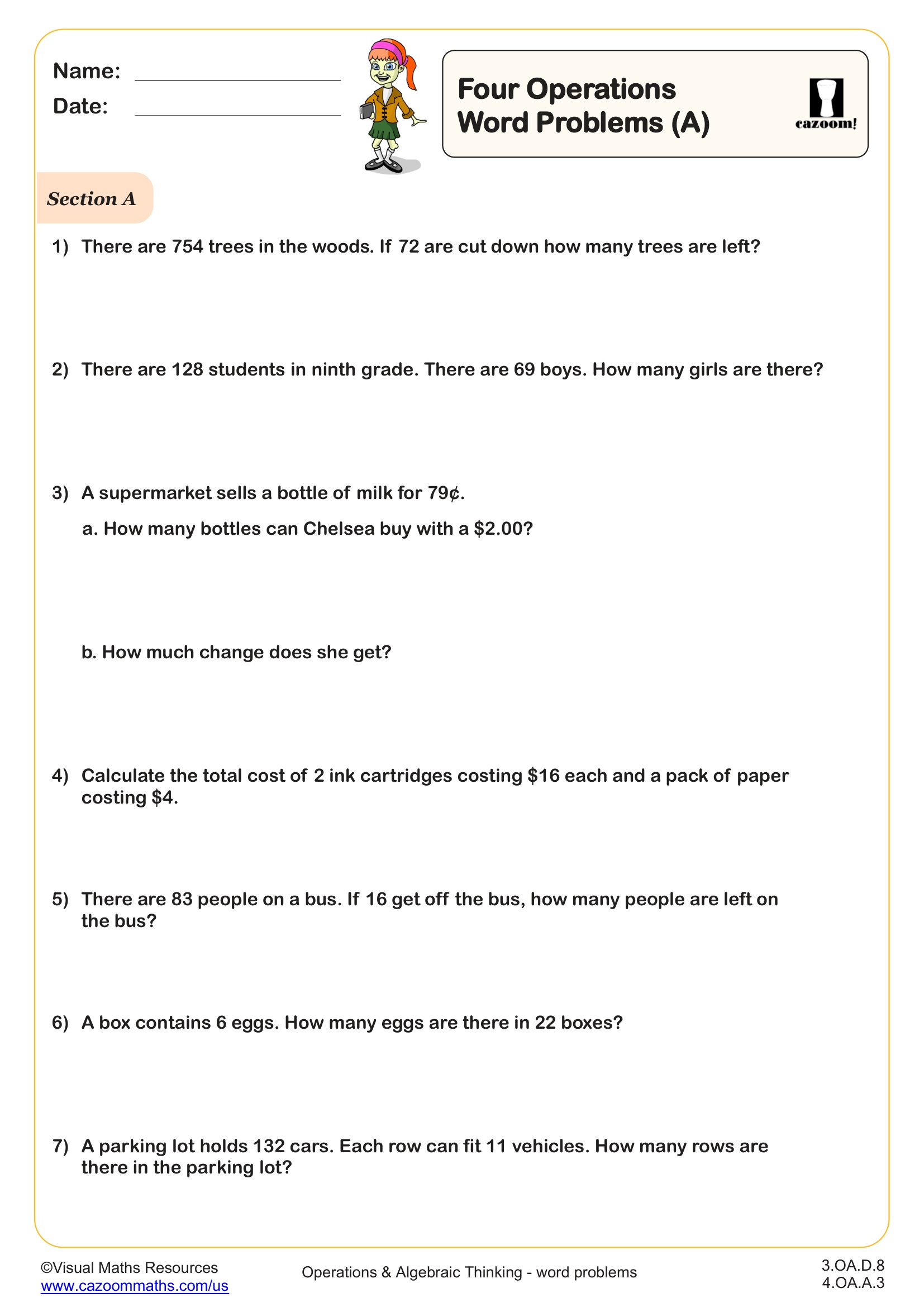 Four Operation Word Problems (A) Worksheet Fun and Engaging 3rd Grade and 4th Grade Number