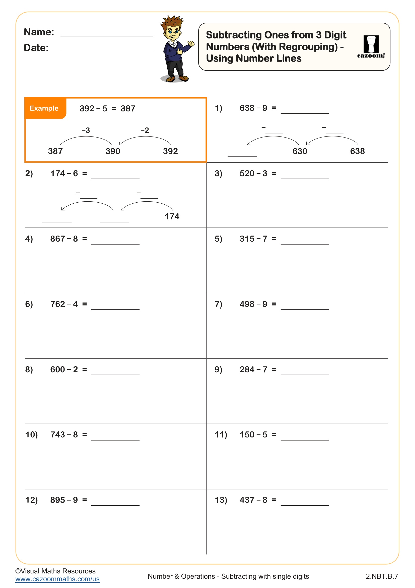Preview of Subtracting Ones from 3 Digit Numbers (With Regrouping) - Using Number Lines