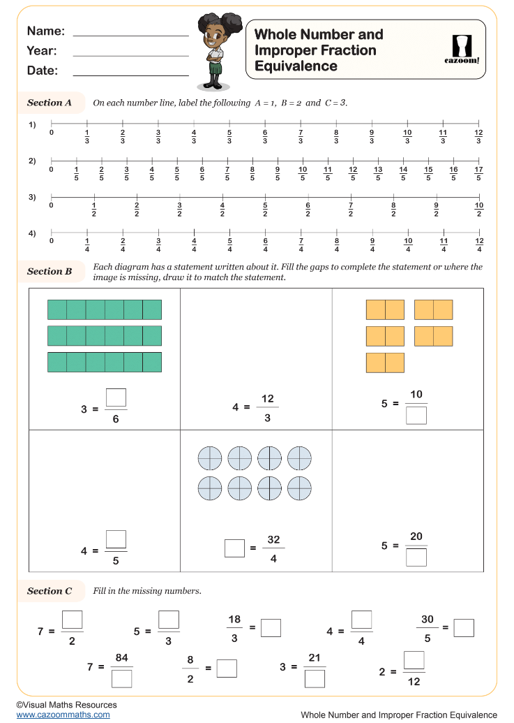 Preview of Whole Number and Improper Fraction Equivalence