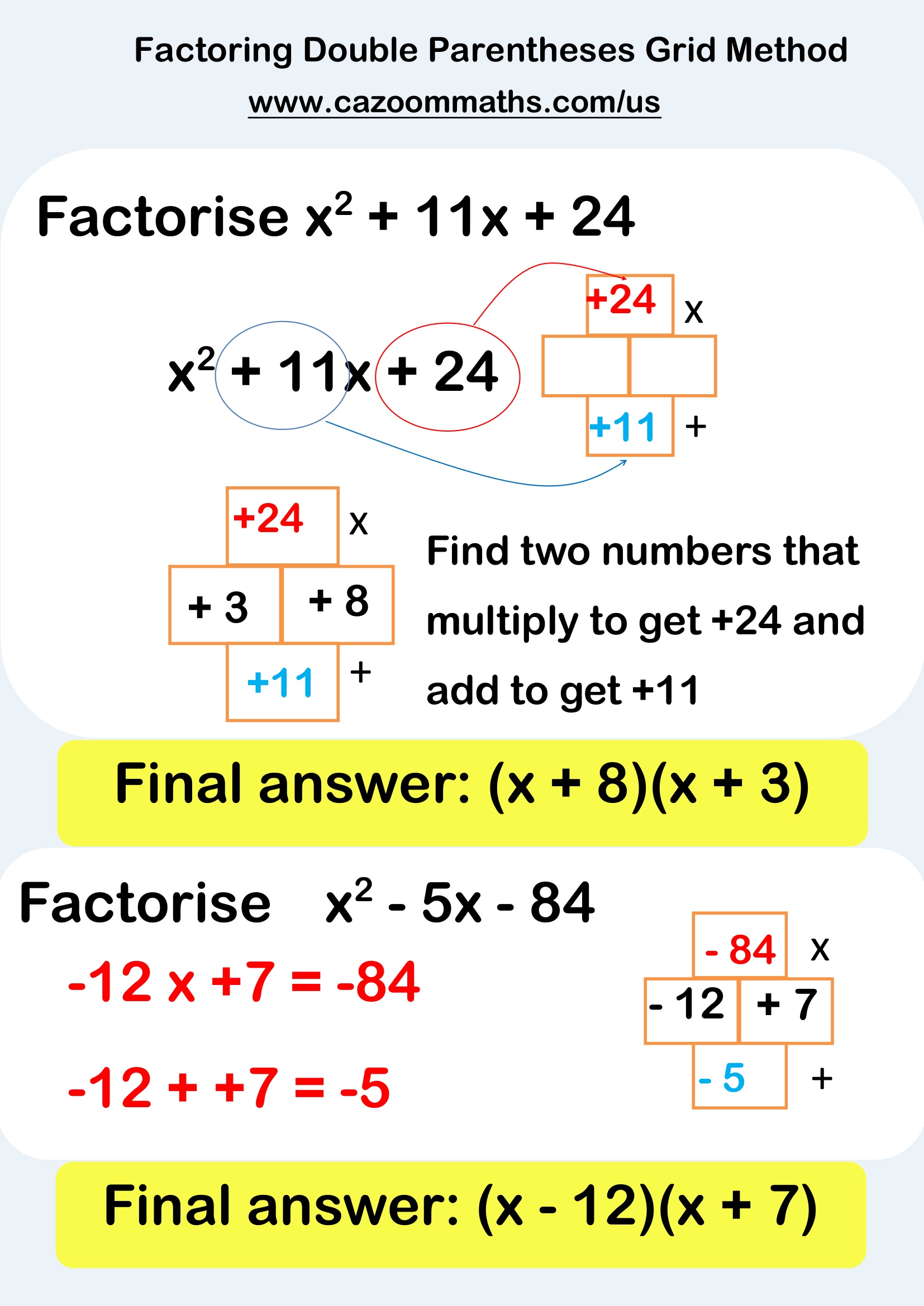 Factorising Double Parentheses Grid Method Free Teaching Resource