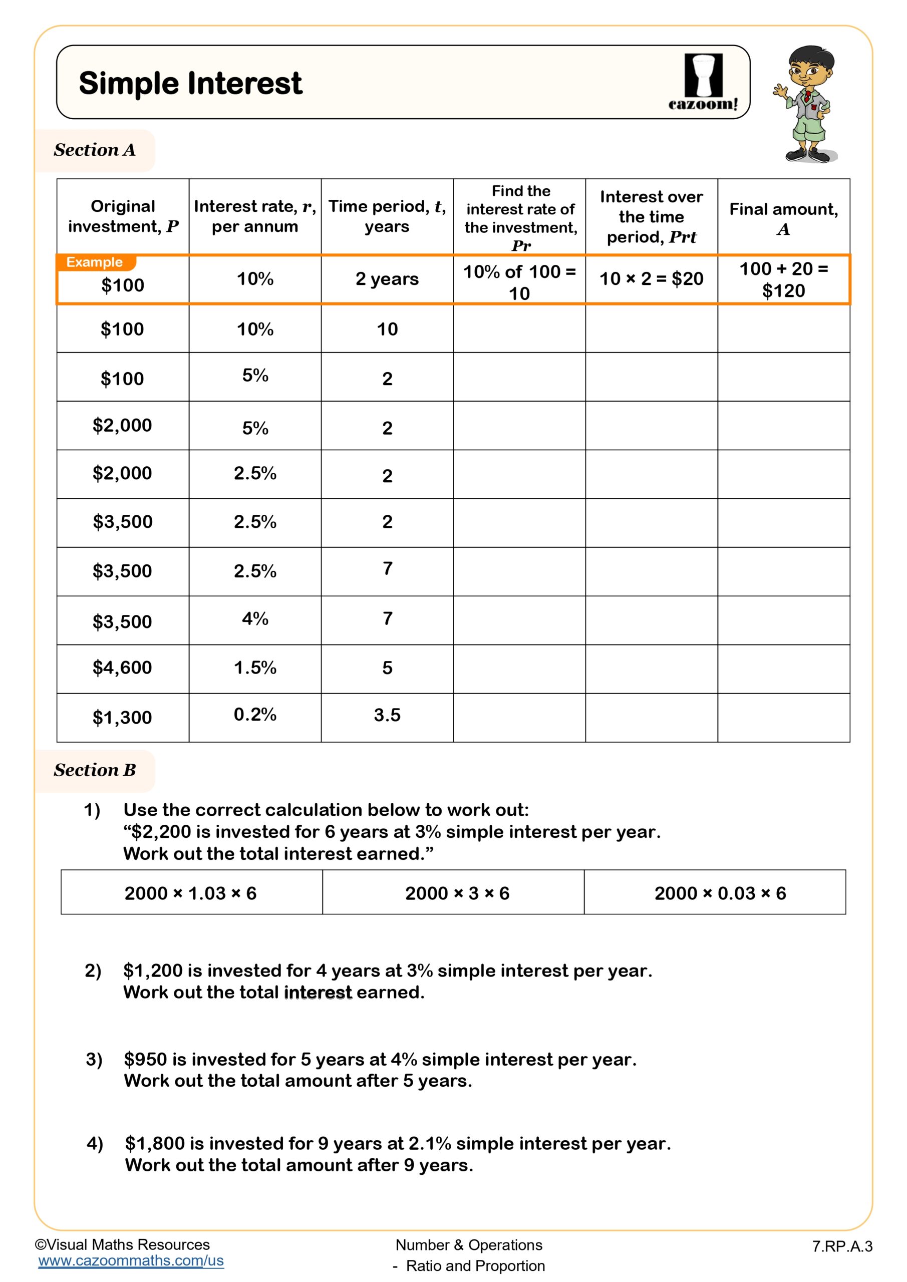 Cazoom Math Percentages Simple Interest Worksheet Page 0001 Scaled