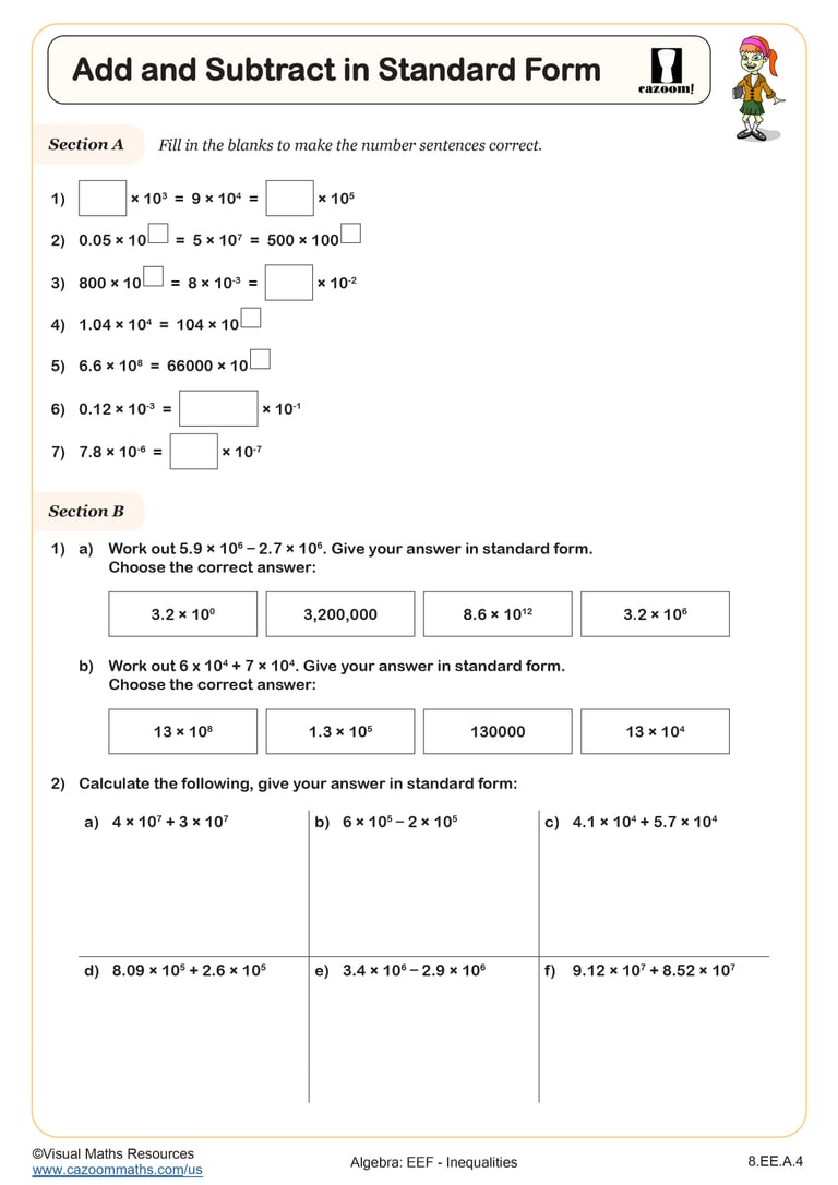 Add and Subtract in Standard Form Worksheet | Fun and Engaging 8th ...