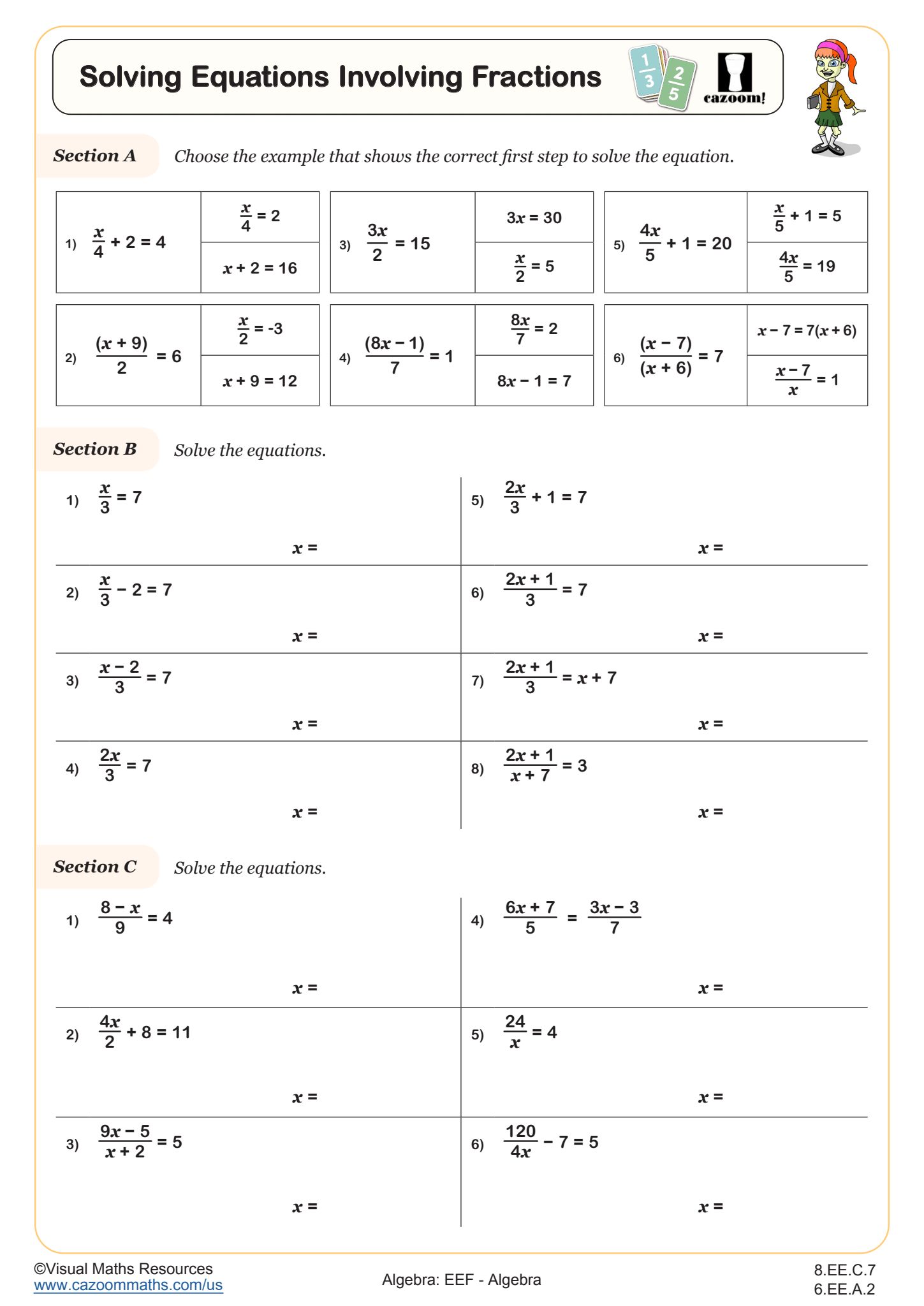 Cazoom Math Algebra Solving Equations Involving Fractions Worksheet