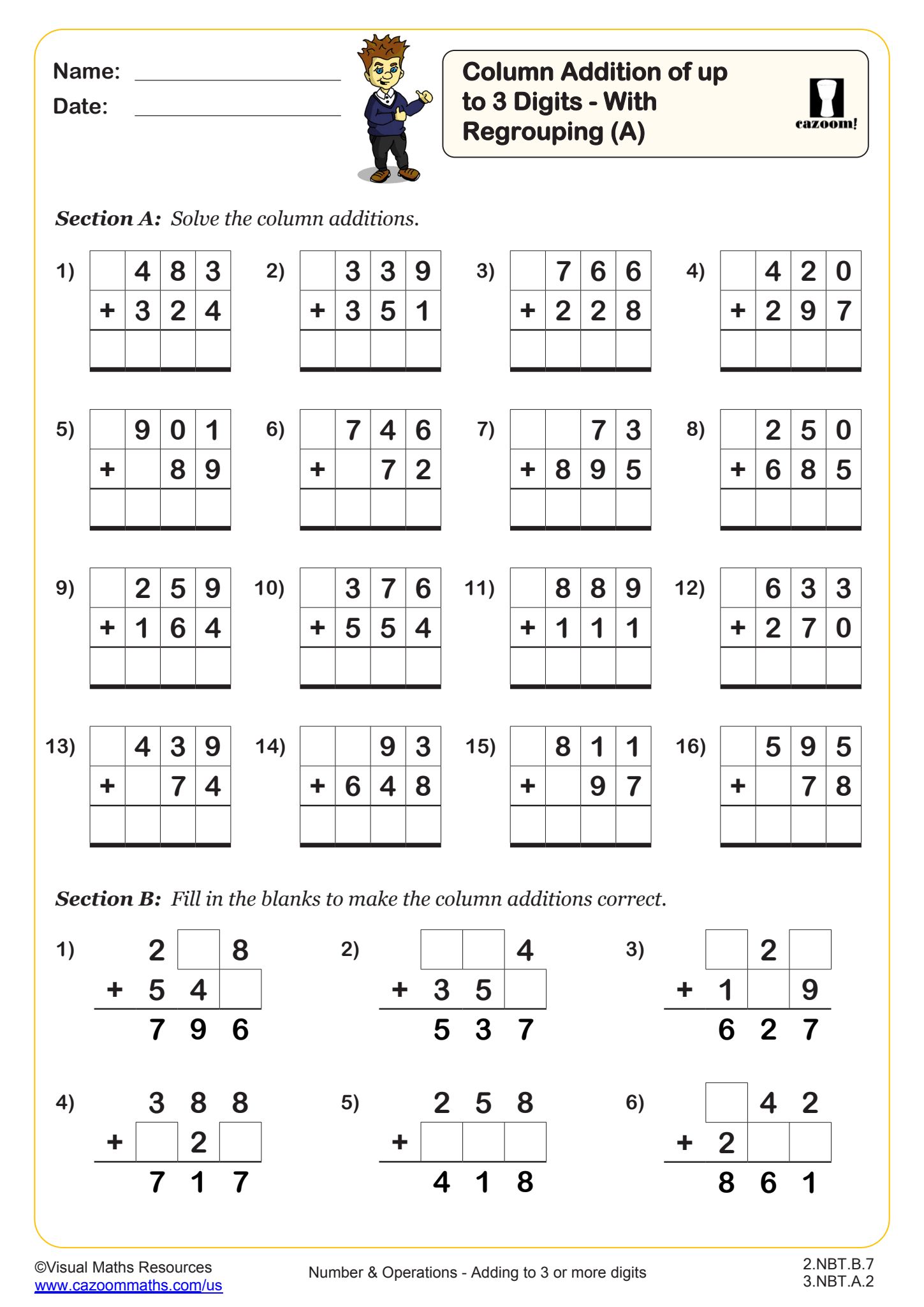 Preview of Column Addition of up to 3 Digits - With Regrouping (A)