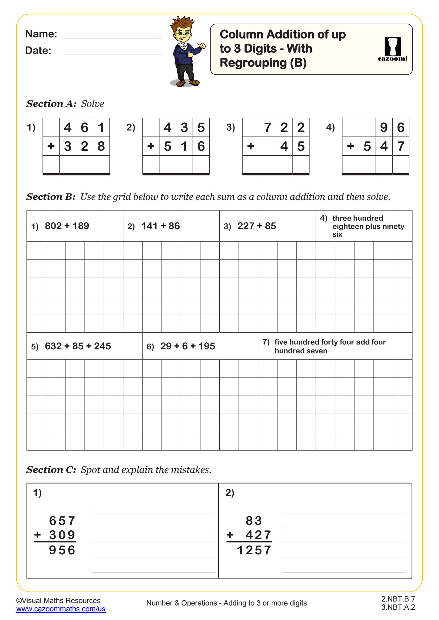 Cazoom Math Adding To 3 Or More Digits Column Addition Of Up To 3 Digits With Regrouping B Worksheet