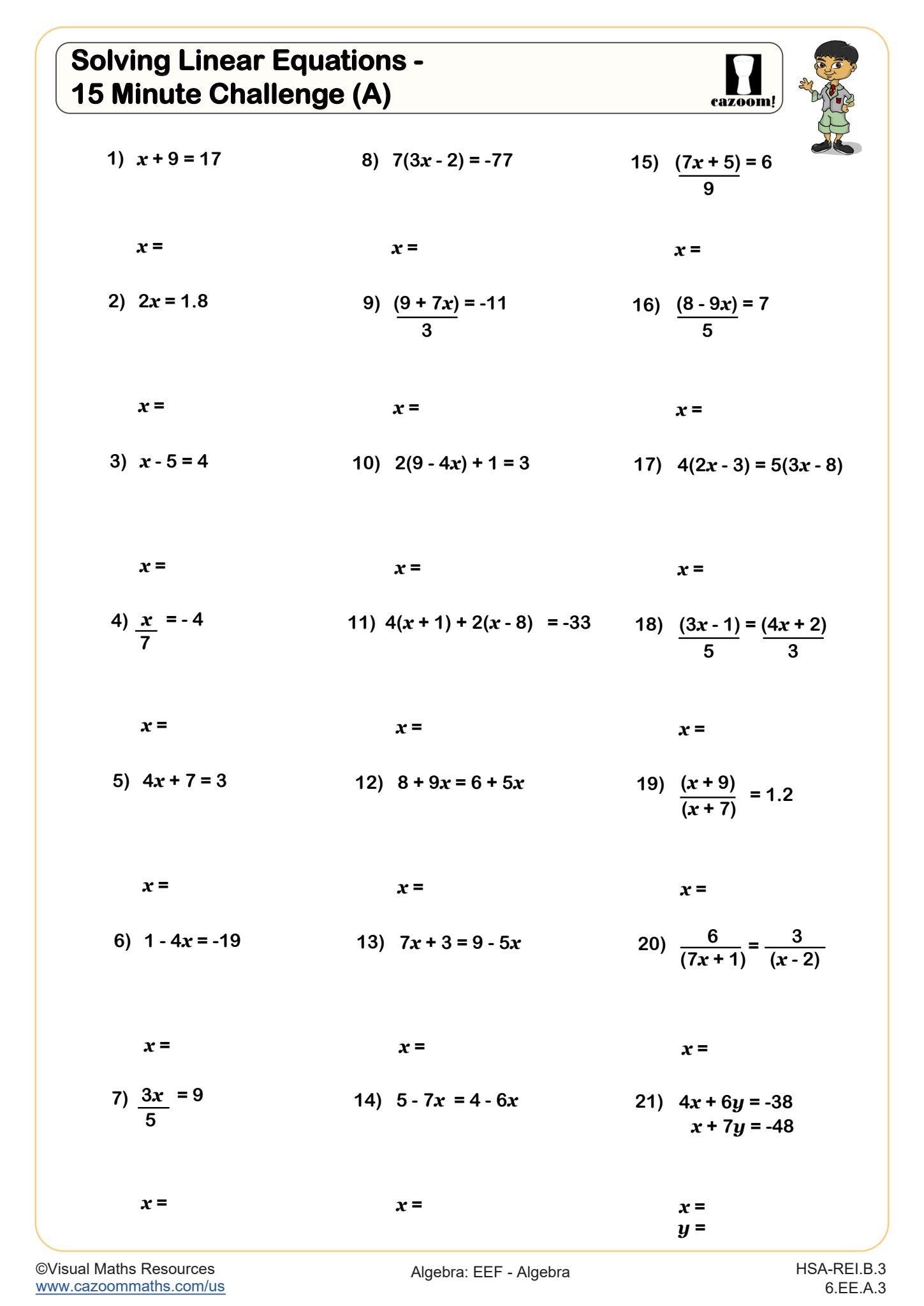 Cazoom Math Algebra Solving Linear Equations 15 Minute Challenge A Worksheet 1