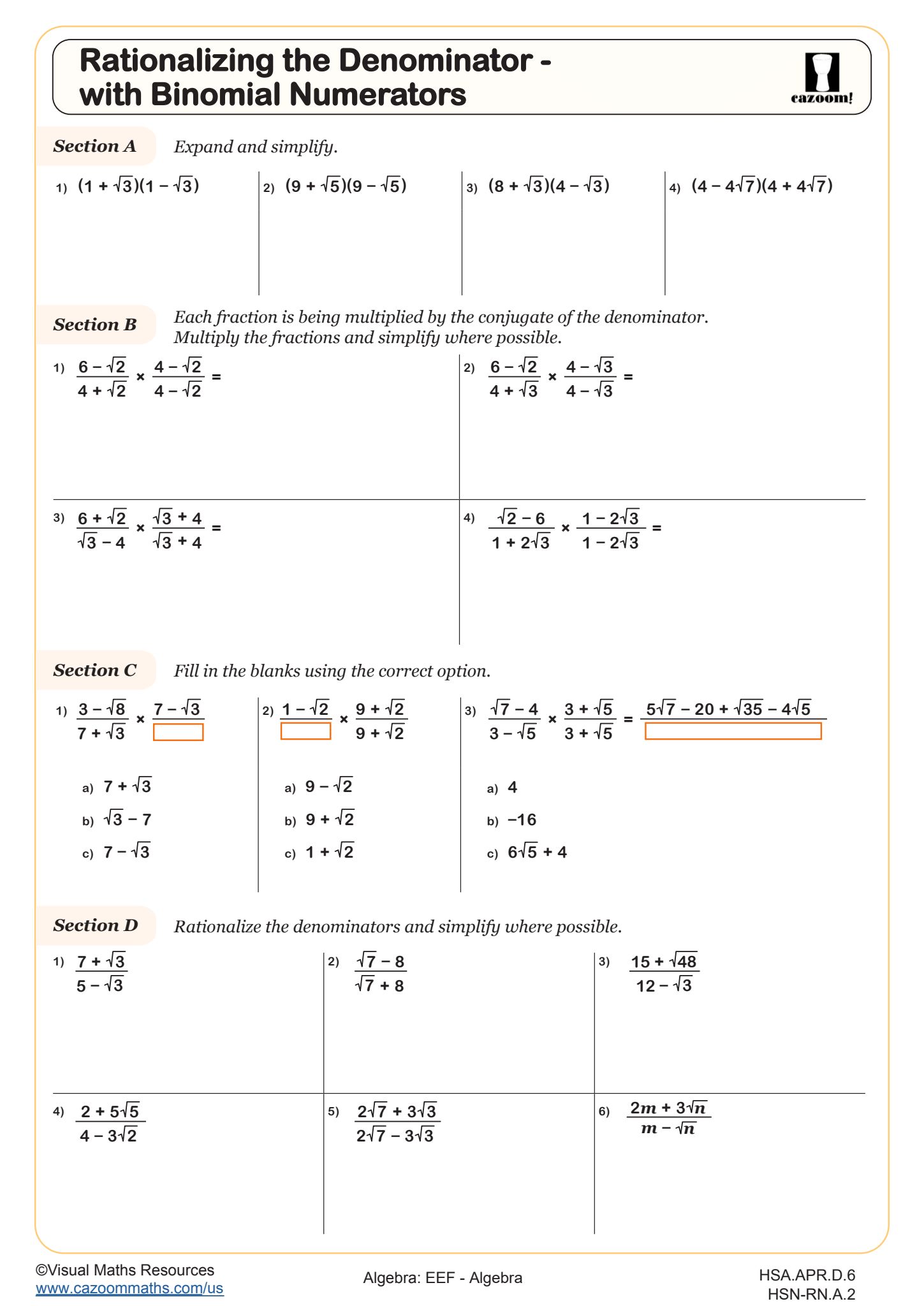 Preview of Rationalizing the Denominator - with Binomial Numerators