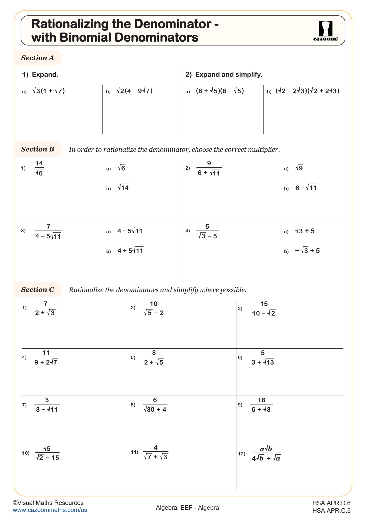 Cazoom Math Algebra Rationalizing The Denominator With Binomial Denominators Worksheet