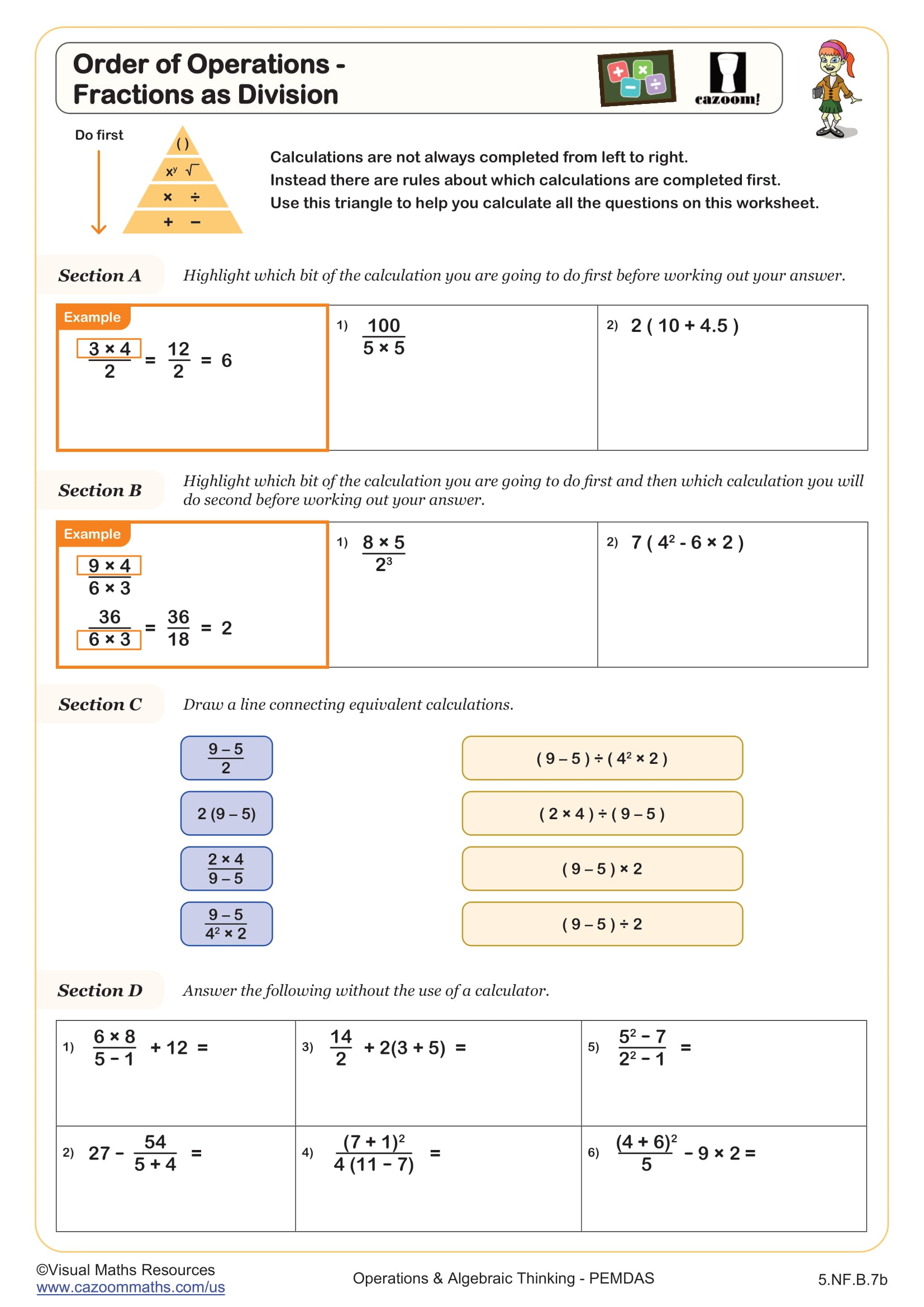 Order of Operations - Fractions as Division worksheet