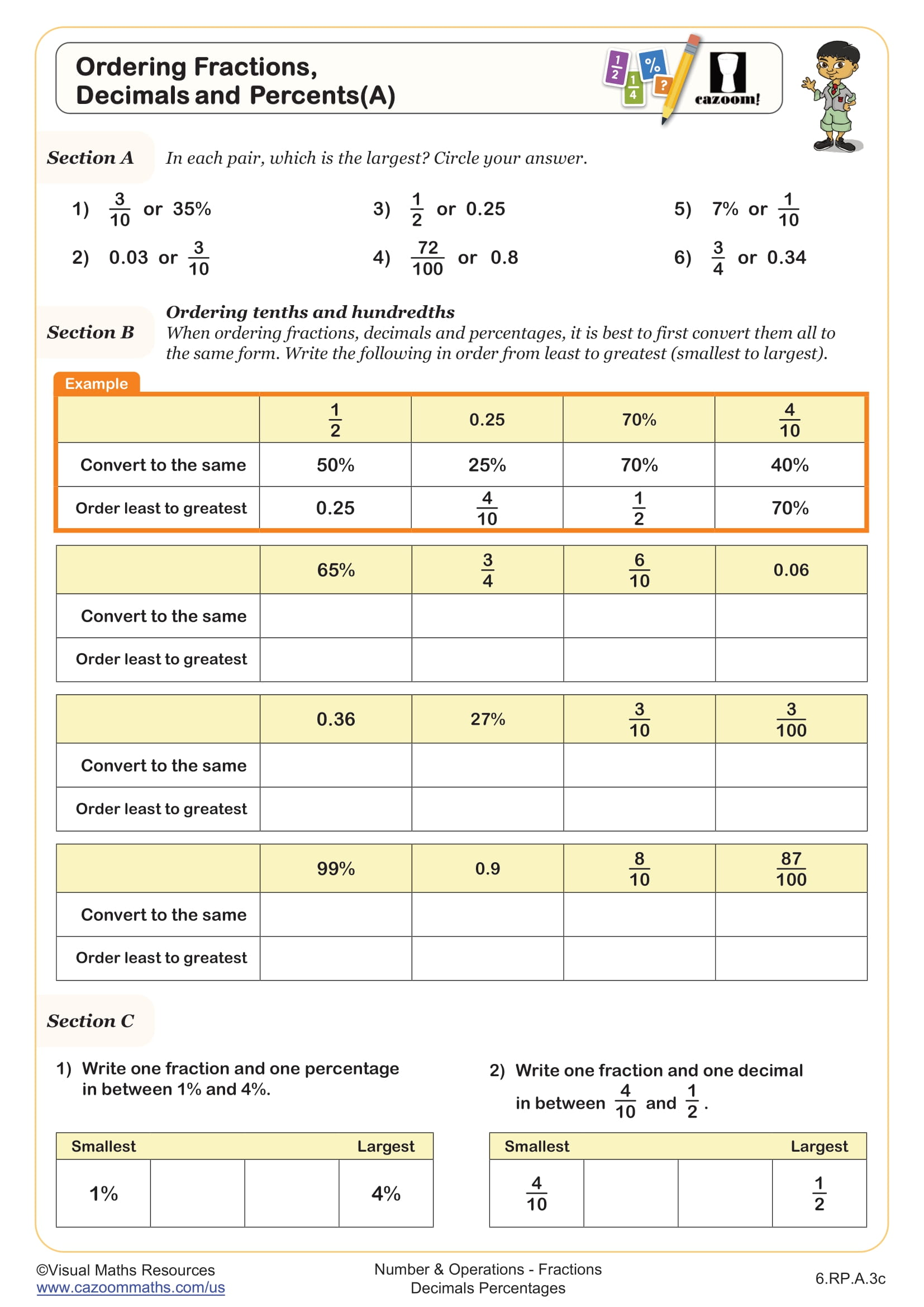 Preview of Ordering Fractions, Decimals, and Percents (A)