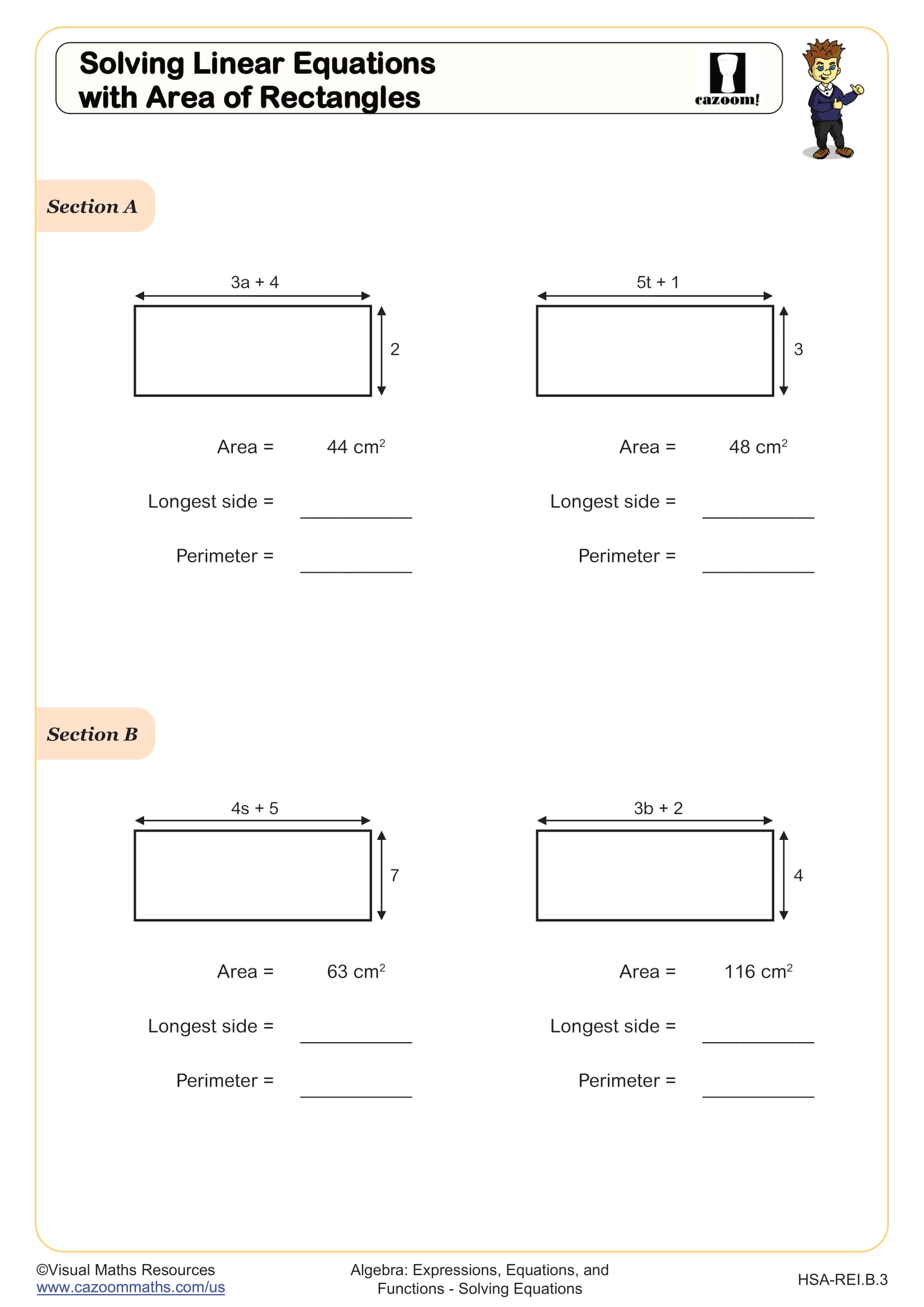 Solving Linear Equations with Area of Rectangles worksheet