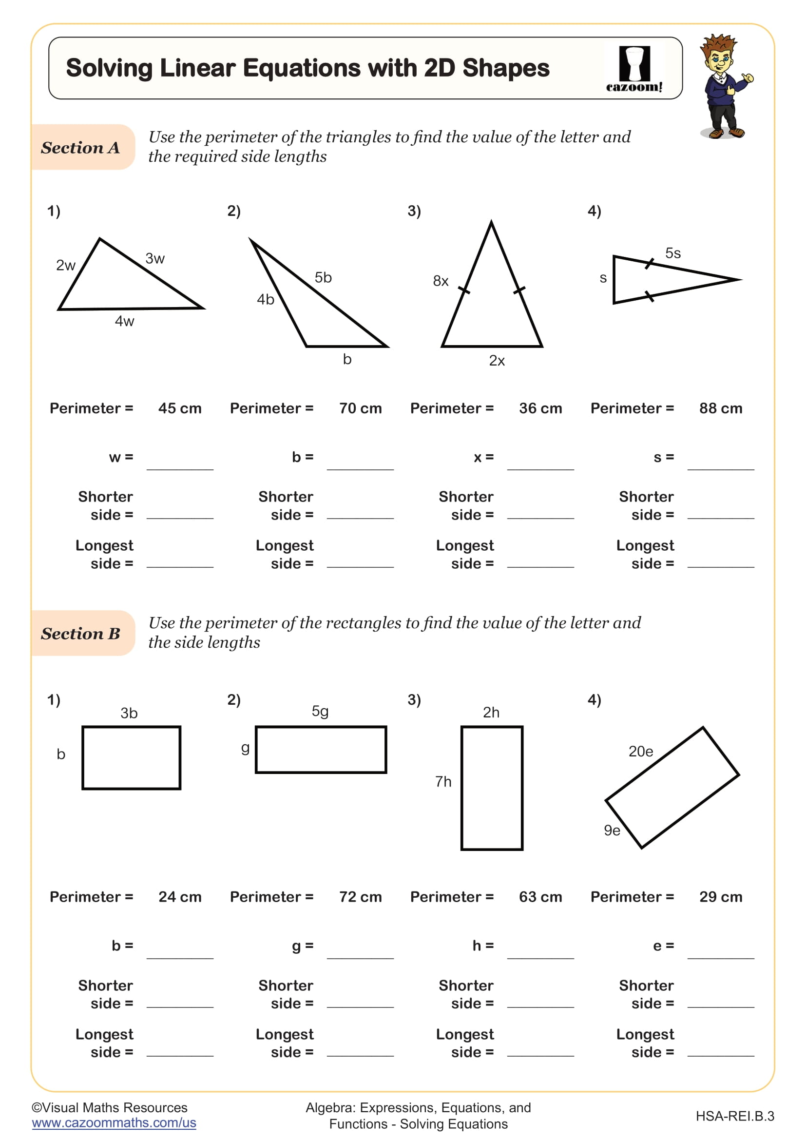 Solving Linear Equations with 2D Shapes worksheet
