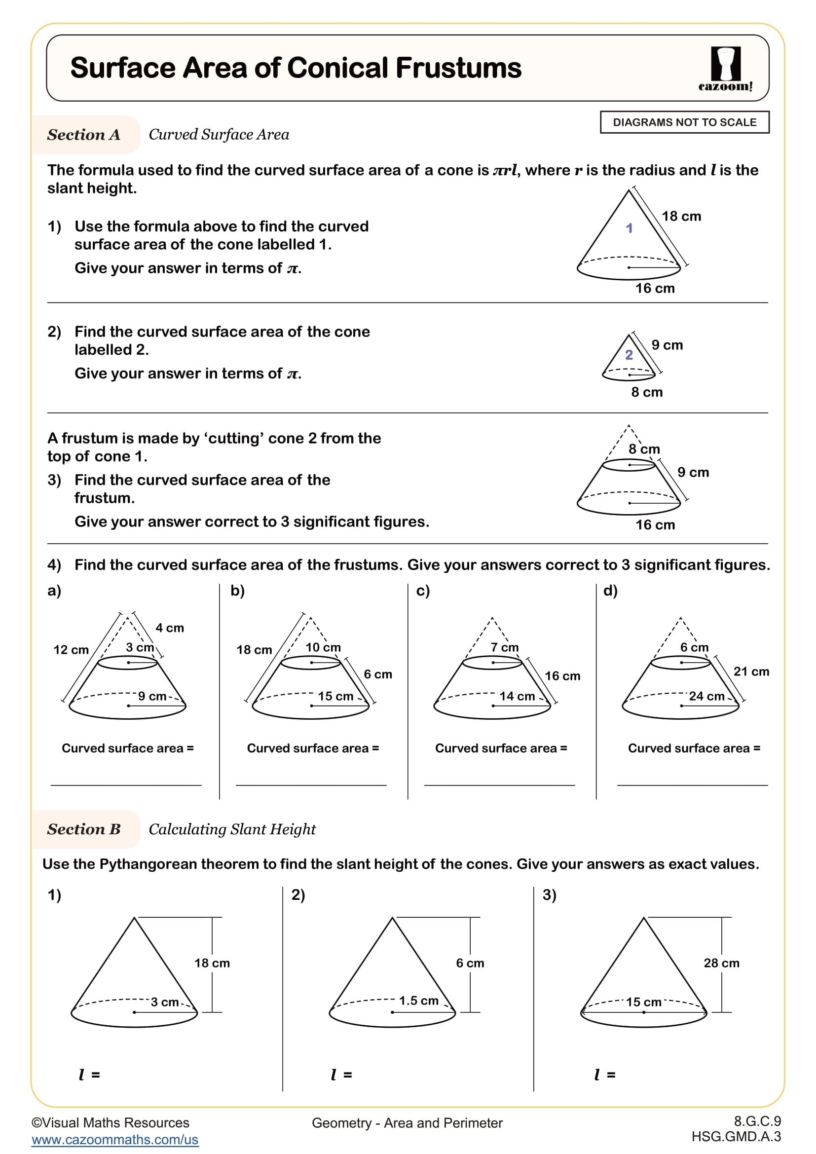 Surface Area of Conical Frustums worksheet