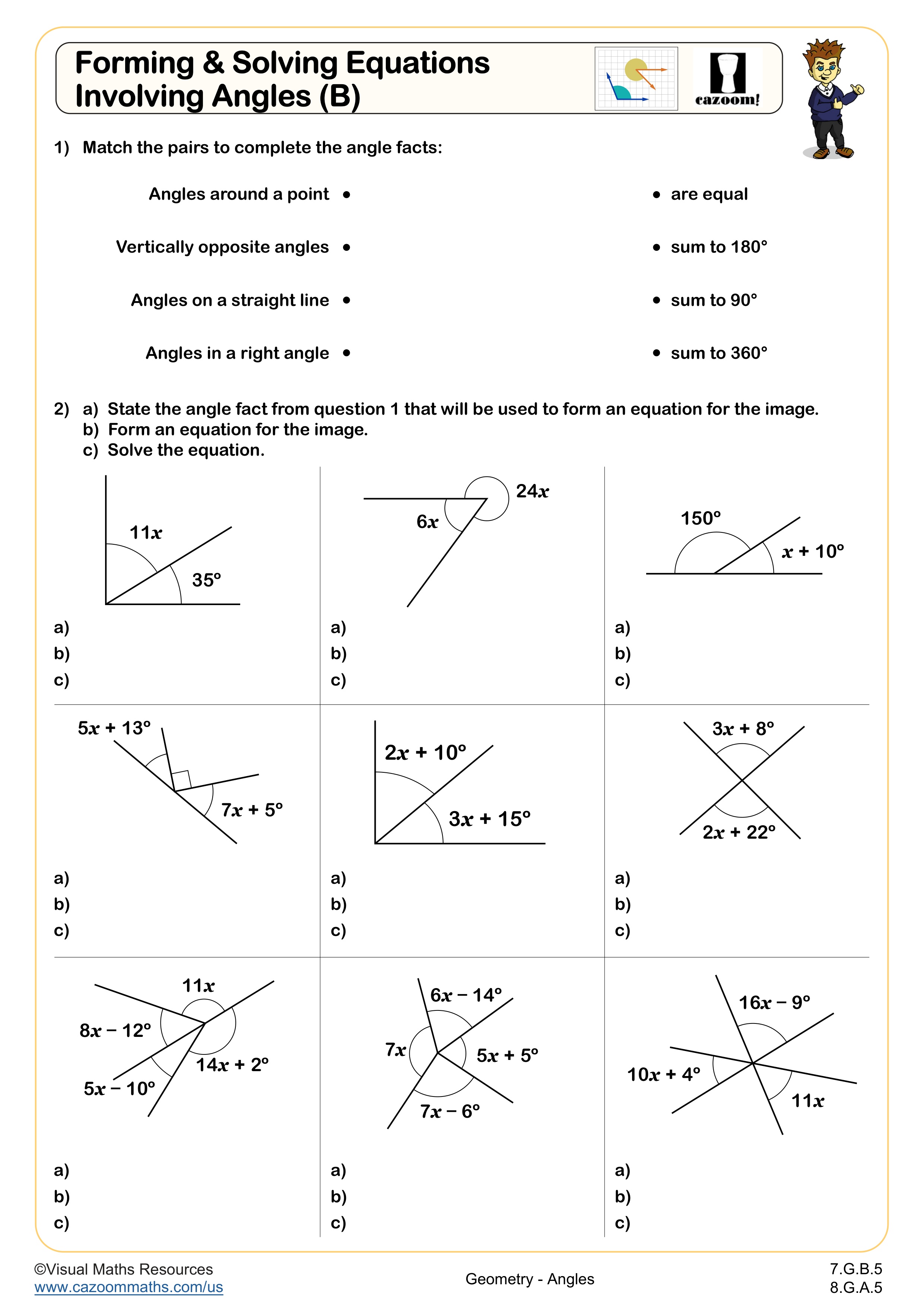 Forming and Solving Equations Involving Angles Worksheet (B) suitable for 7th Grade and 8th Grade students