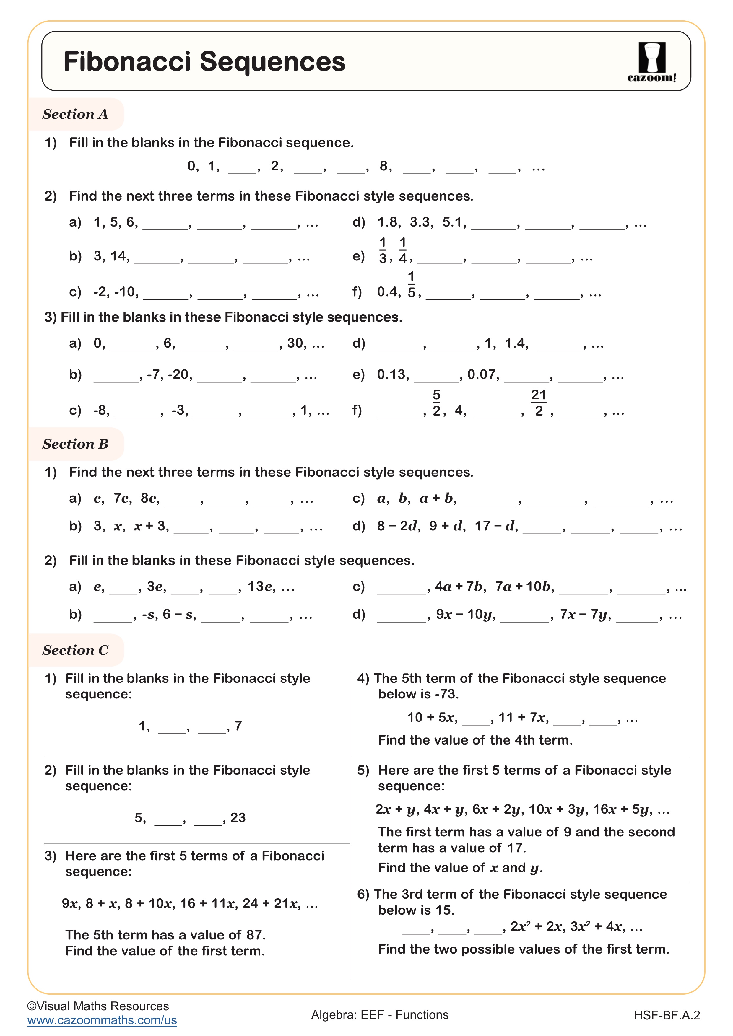 Fibonacci Sequences worksheet