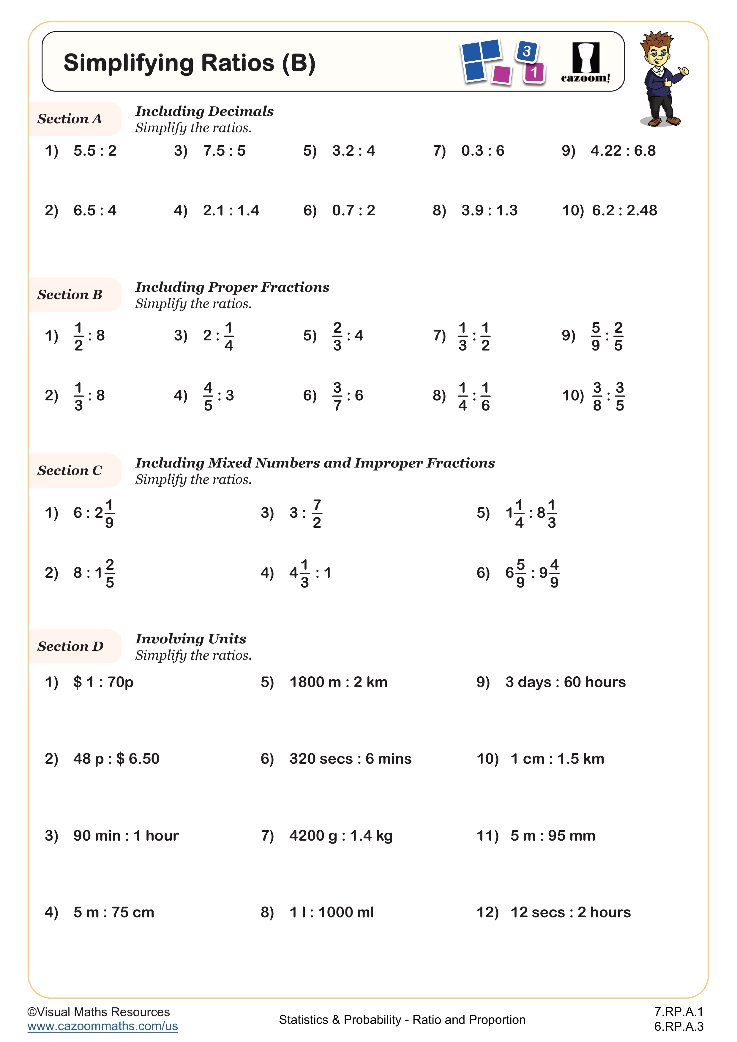 Simplifying Ratios Worksheet (B) suitable for 6th Grade and 7th Grade students