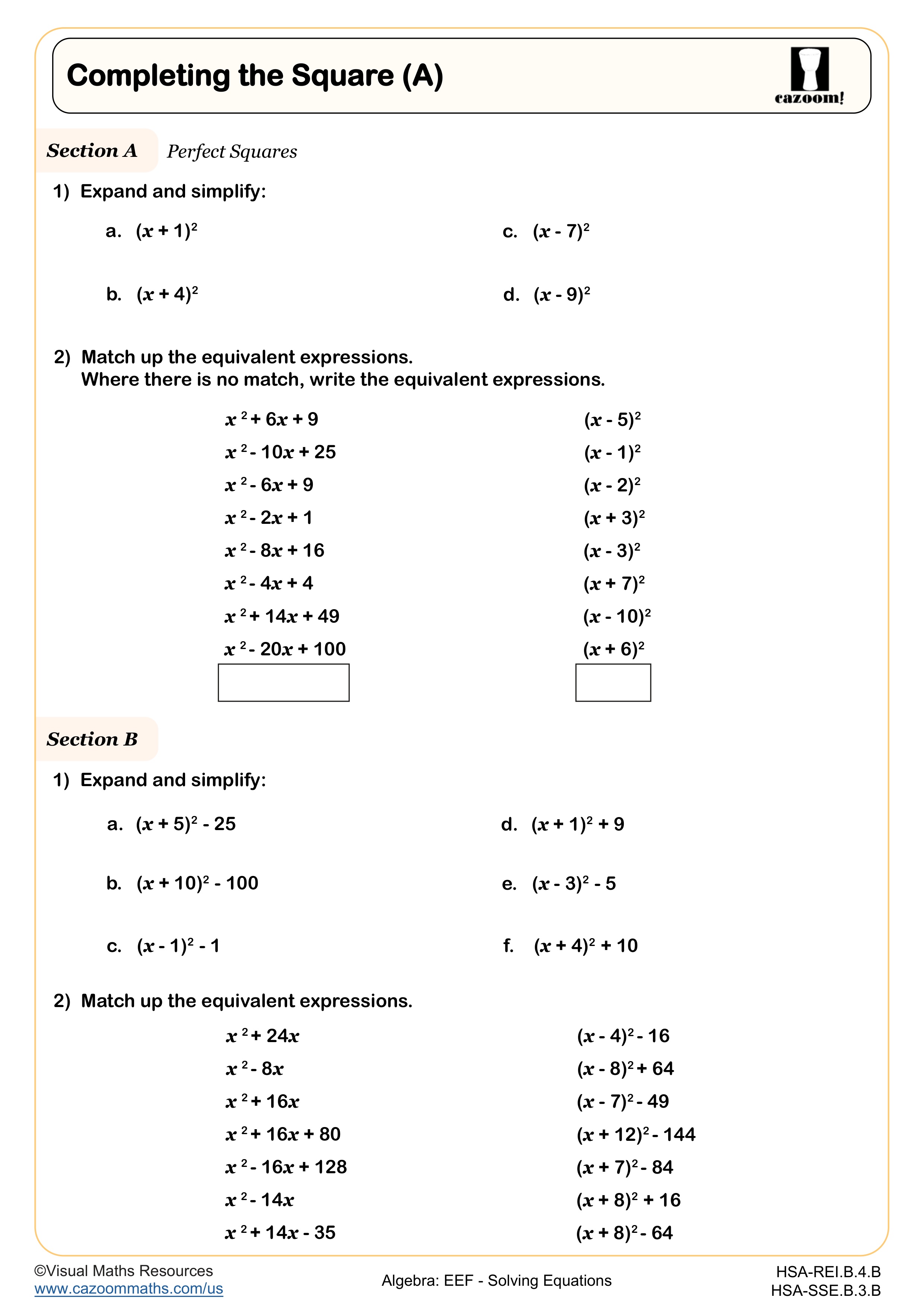 Completing the Square Worksheet (A) suitable for Algebra II and Integrated Math II students