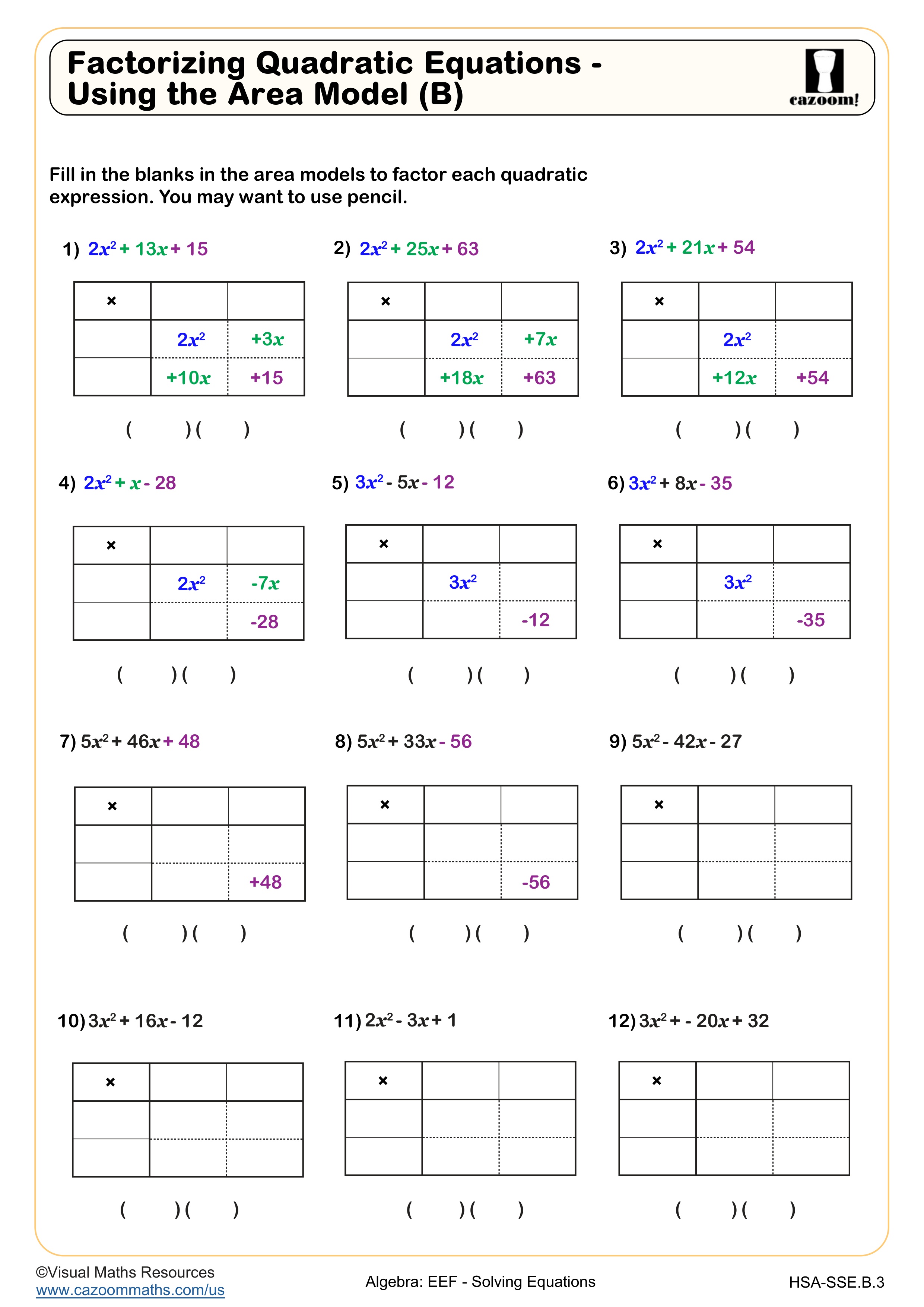 Factoring Quadratic Equations Using the Area Model Worksheet (B) suitable for Algebra II and Integrated Math III students