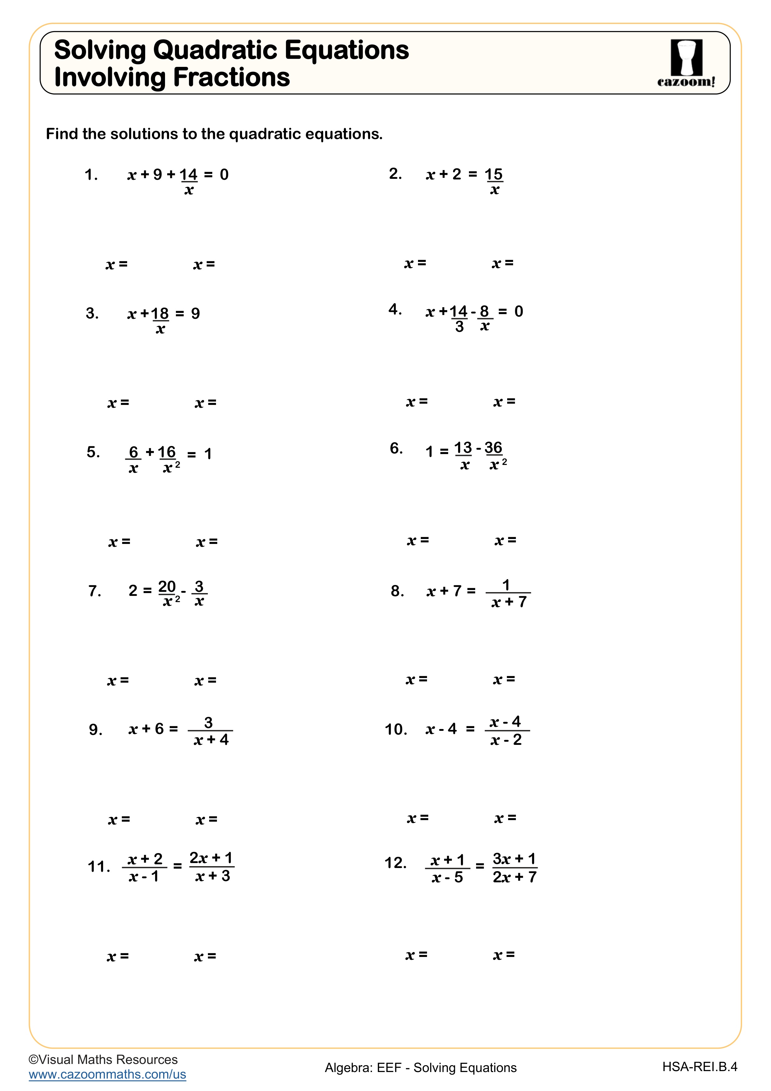 Solving Quadratic Equations Involving Fractions Worksheet | Printable ...
