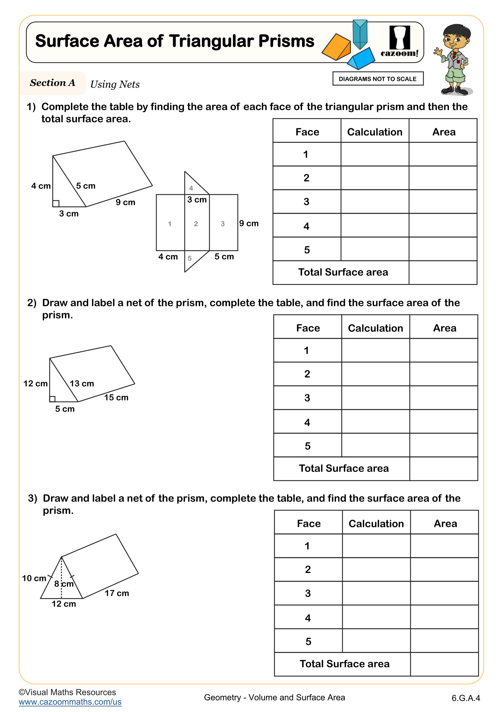 Surface Area of Triangular Prisms Worksheet suitable for 6th Grade and Integrated Math III students