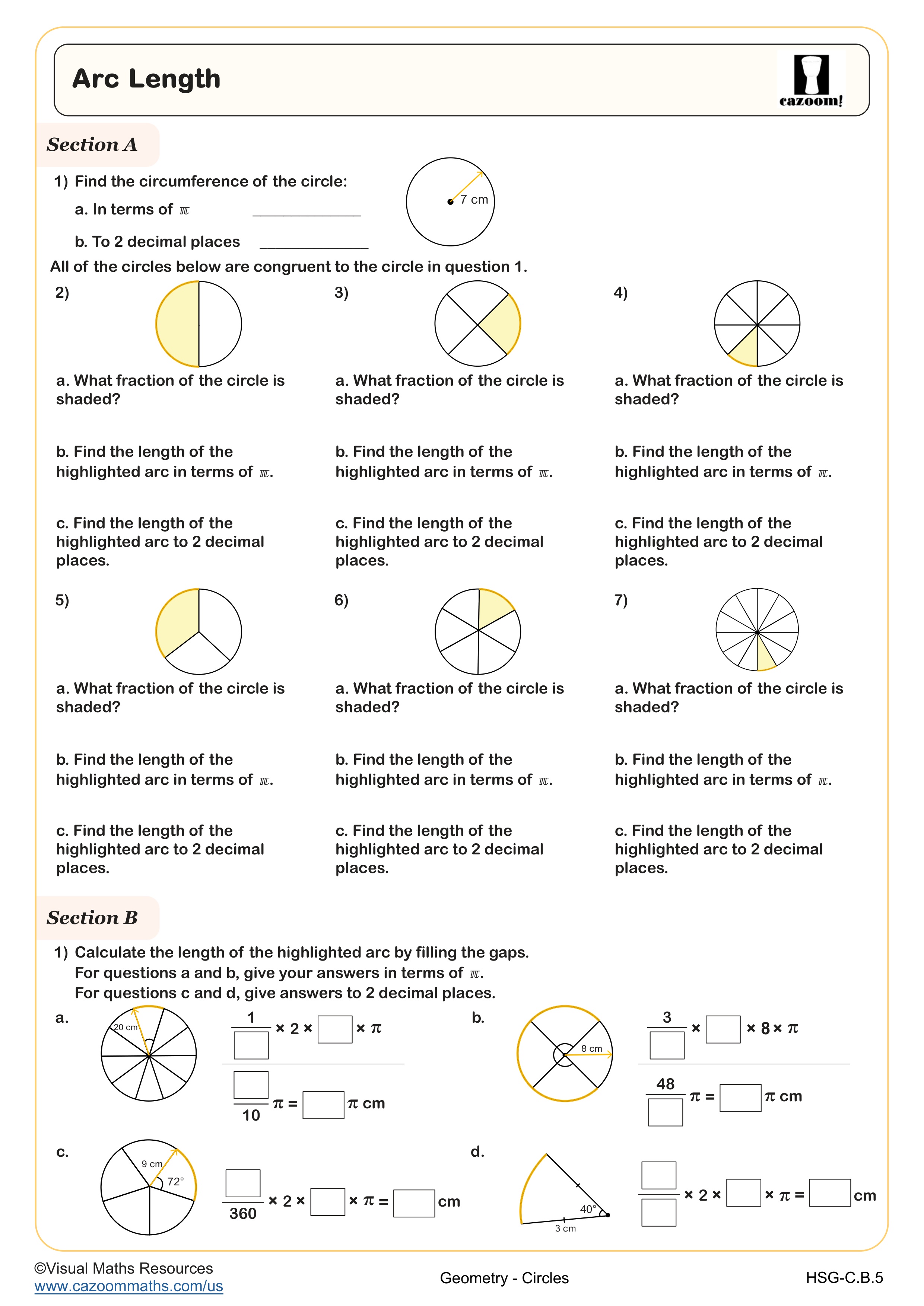 Arc Length Worksheet suitable for Geometry and Integrated Math I students