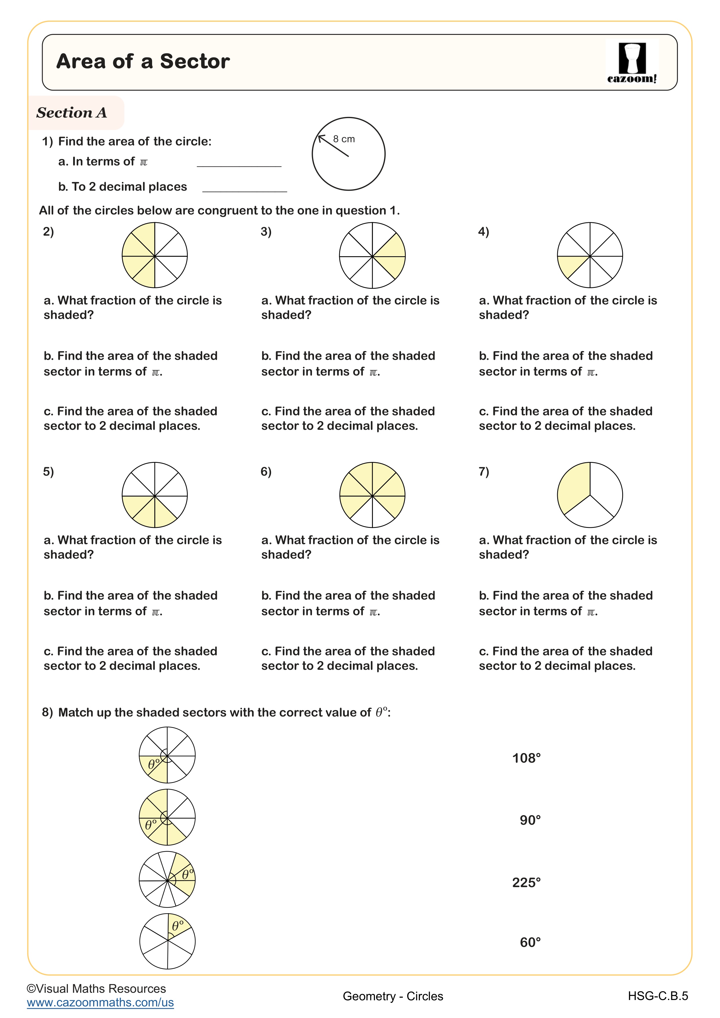 Area of a Sector Worksheet suitable for Geometry and Integrated Math I students