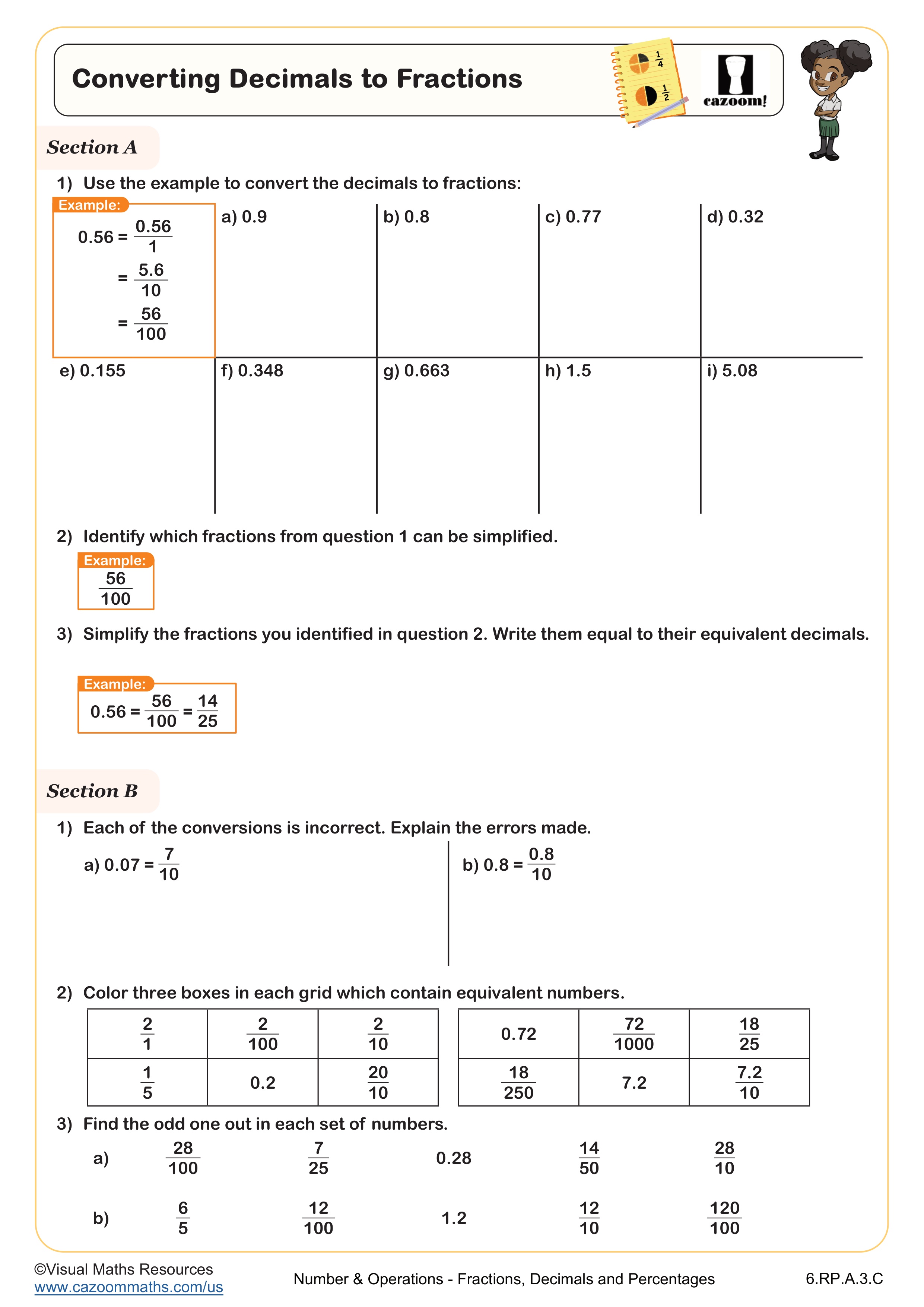 Converting Decimals to Fractions Worksheet suitable for 6th Grade students