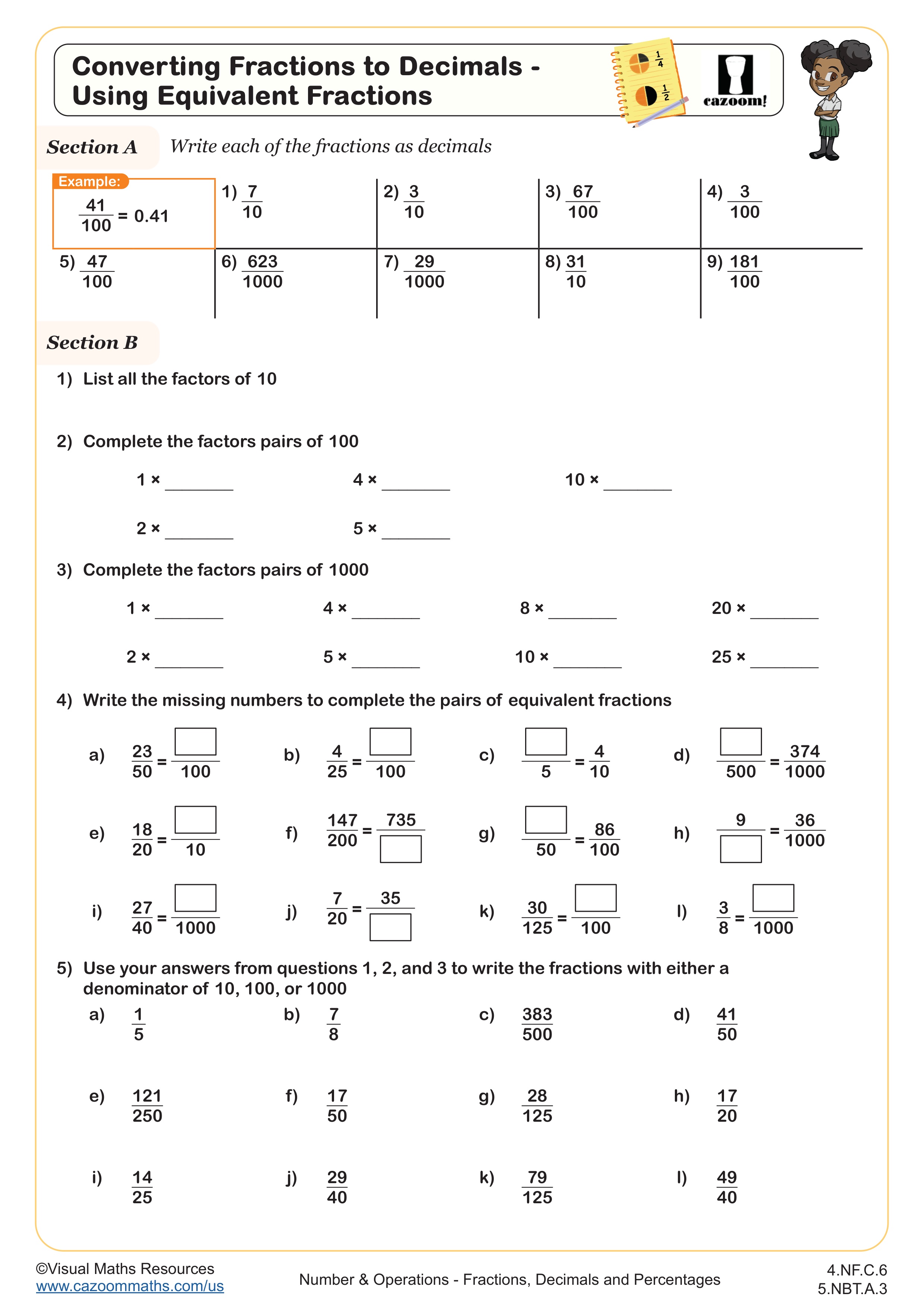 Converting Fractions to Decimals - Using Equivalent Fractions Worksheet suitable for 4th Grade and 5th Grade students