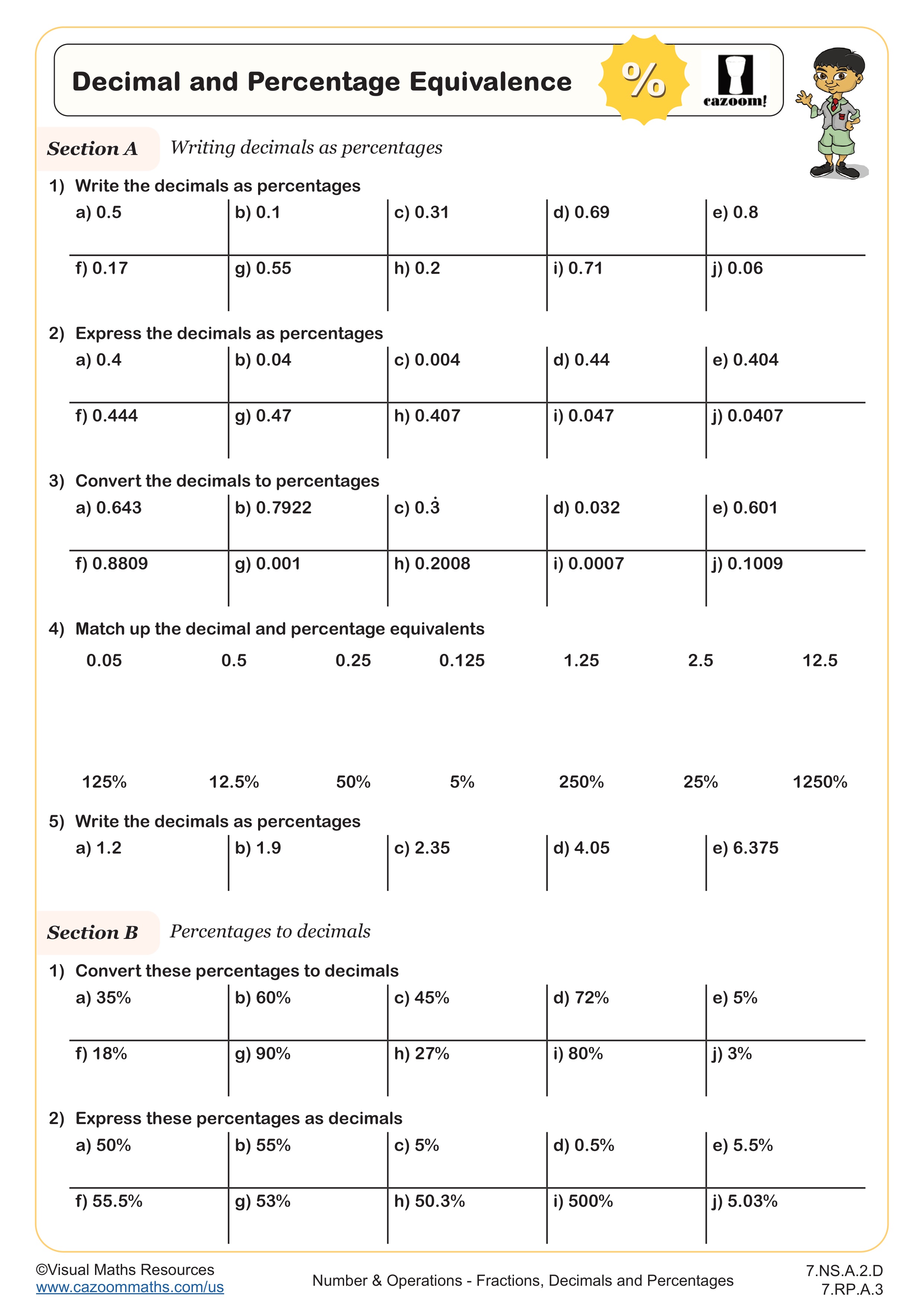 Decimal and Percentage Equivalence Worksheet suitable for 7th Grade students