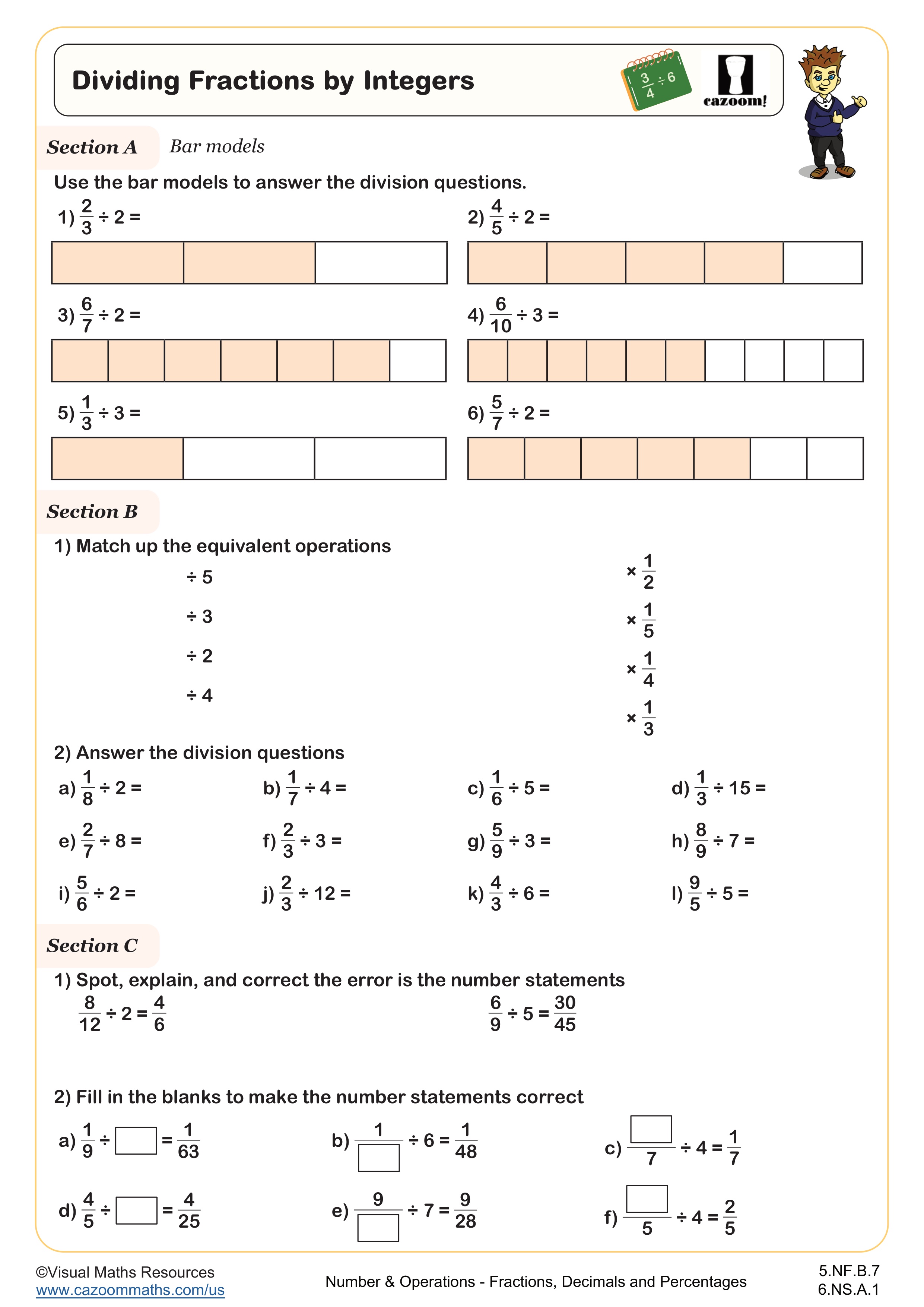 Dividing Fractions by Integers Worksheet suitable for 5th Grade and 6th Grade students
