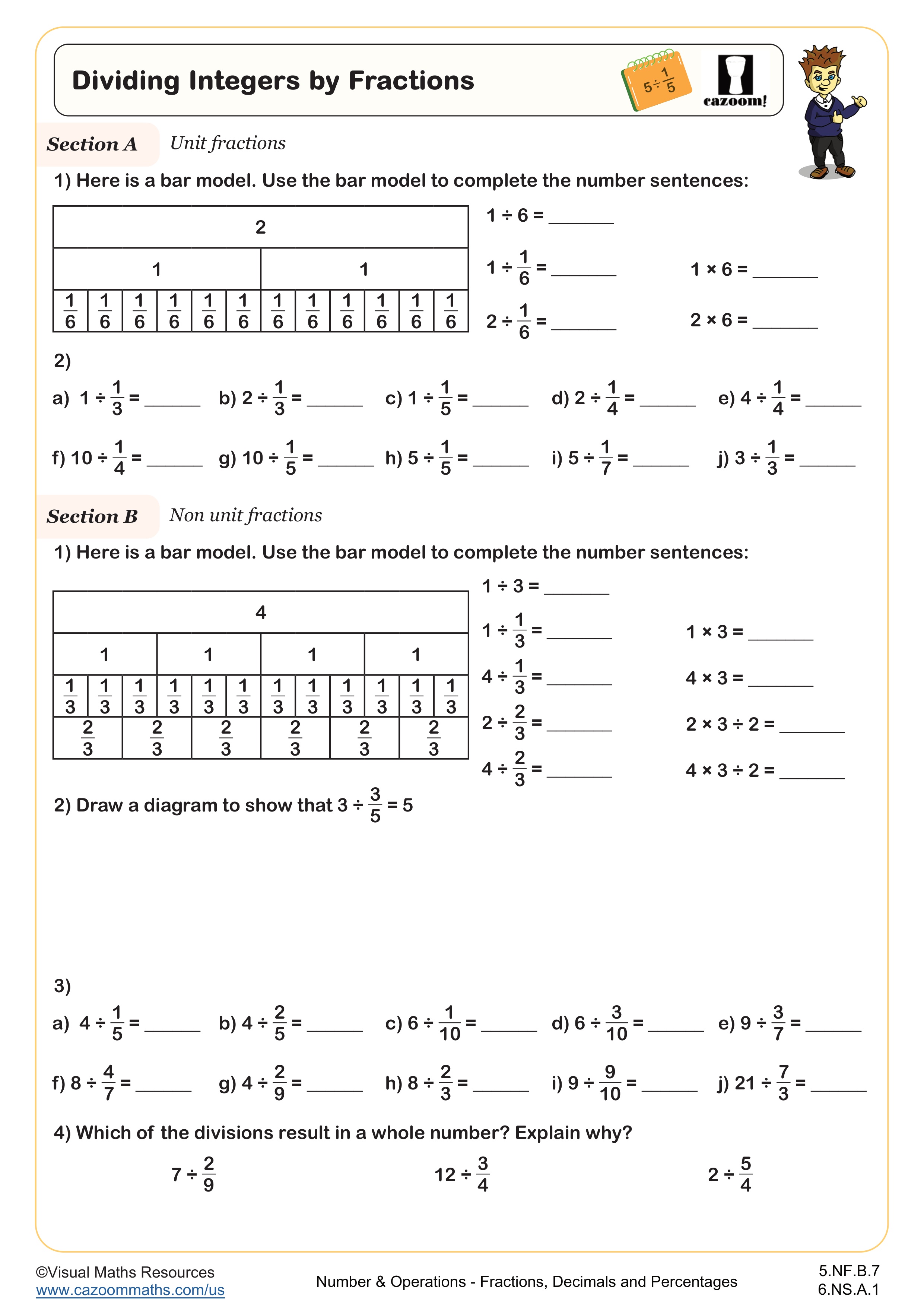 Dividing Integers by Fractions Worksheet suitable for 5th Grade and 6th Grade students