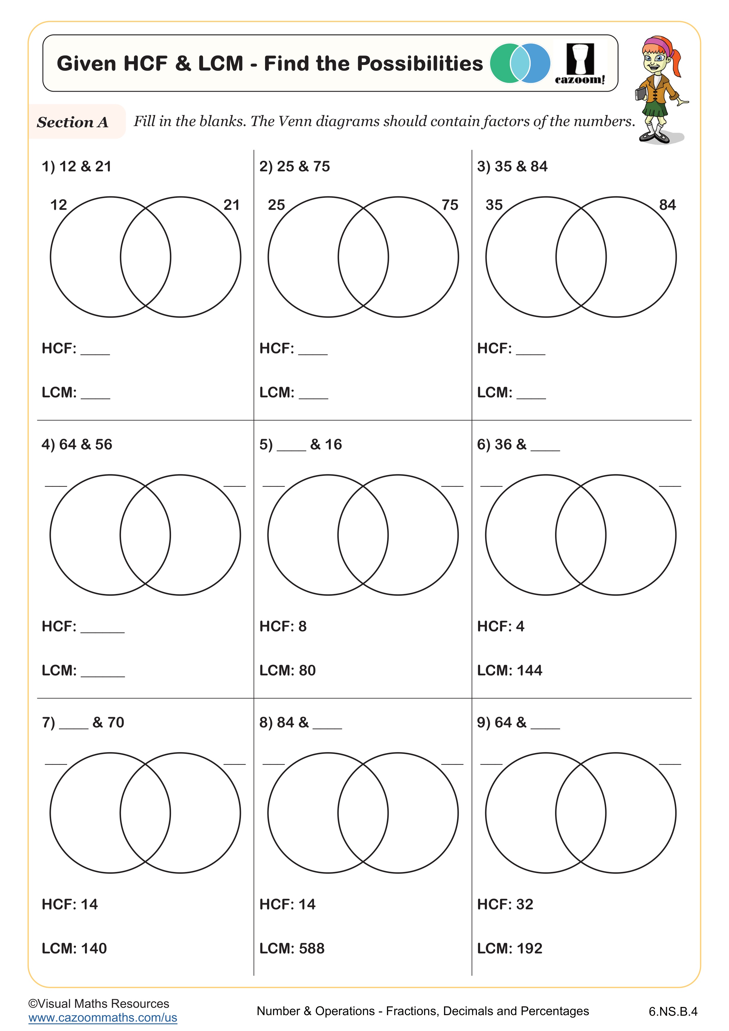 Given HCF and LCM - Find Possible Numbers Worksheet suitable for 6th Grade students