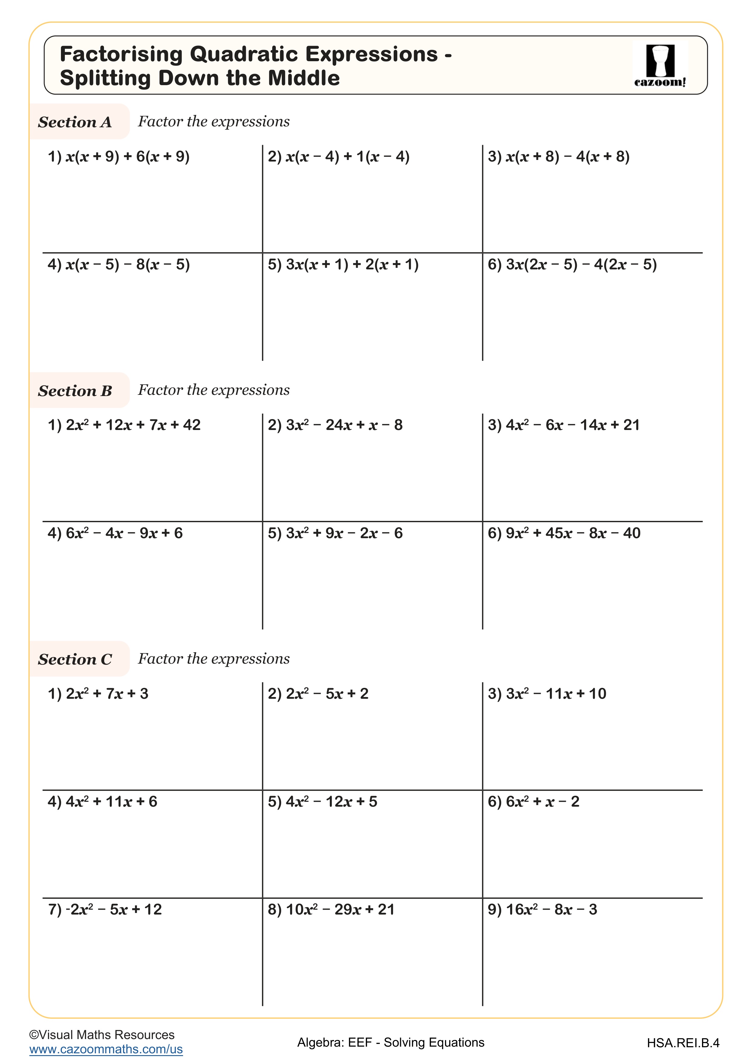 Factorising Quadratic Expressions - Splitting Down the Middle Worksheet suitable for Algebra II and Integrated Math II students