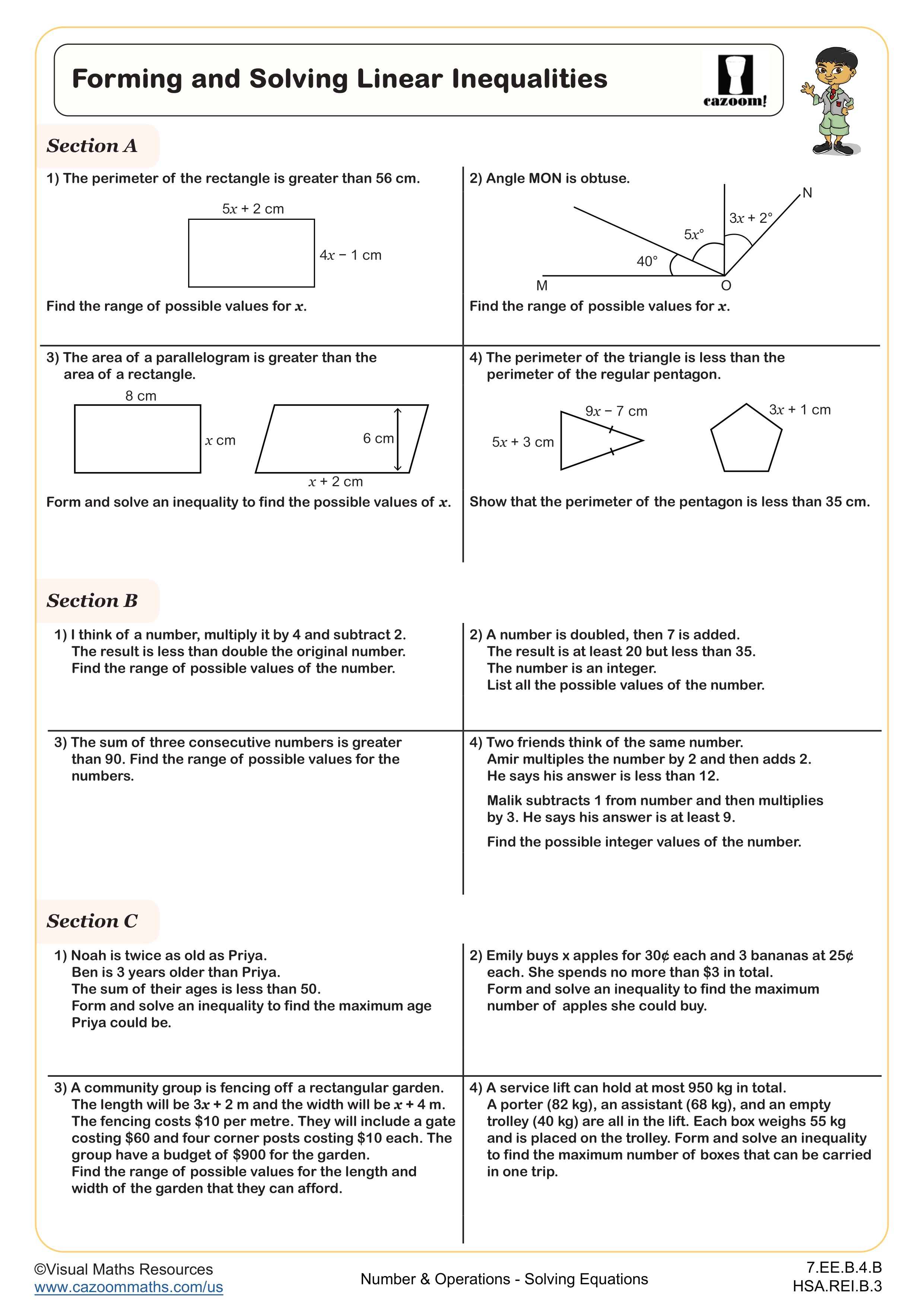Forming and Solving Linear Inequalities Worksheet suitable for 7th Grade and Algebra I students