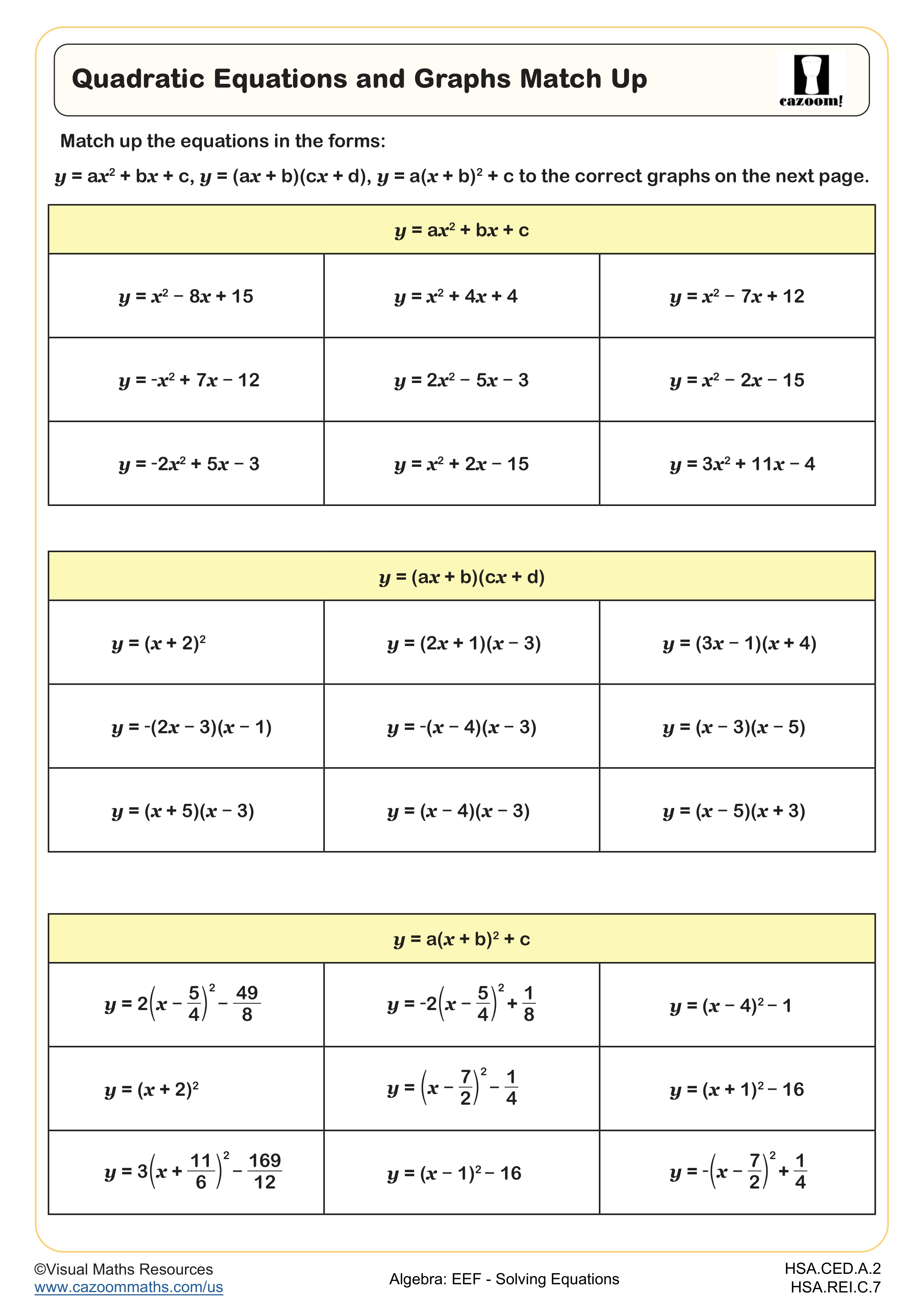 Quadratic Equations and Graphs Match Up Worksheet suitable for Algebra II and Integrated Math II students