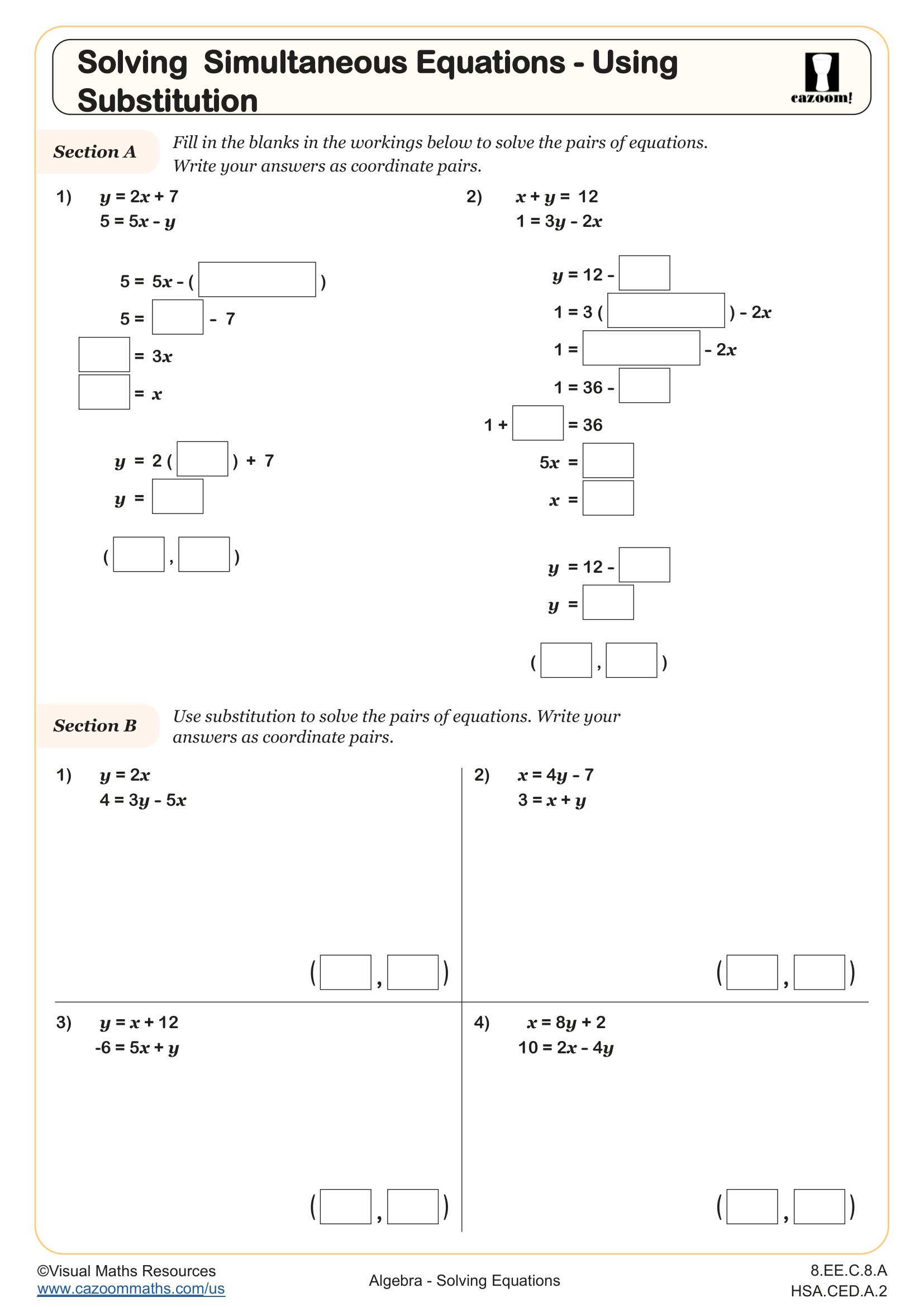 Preview of Solving Simultaneous Equations - Using Substitution